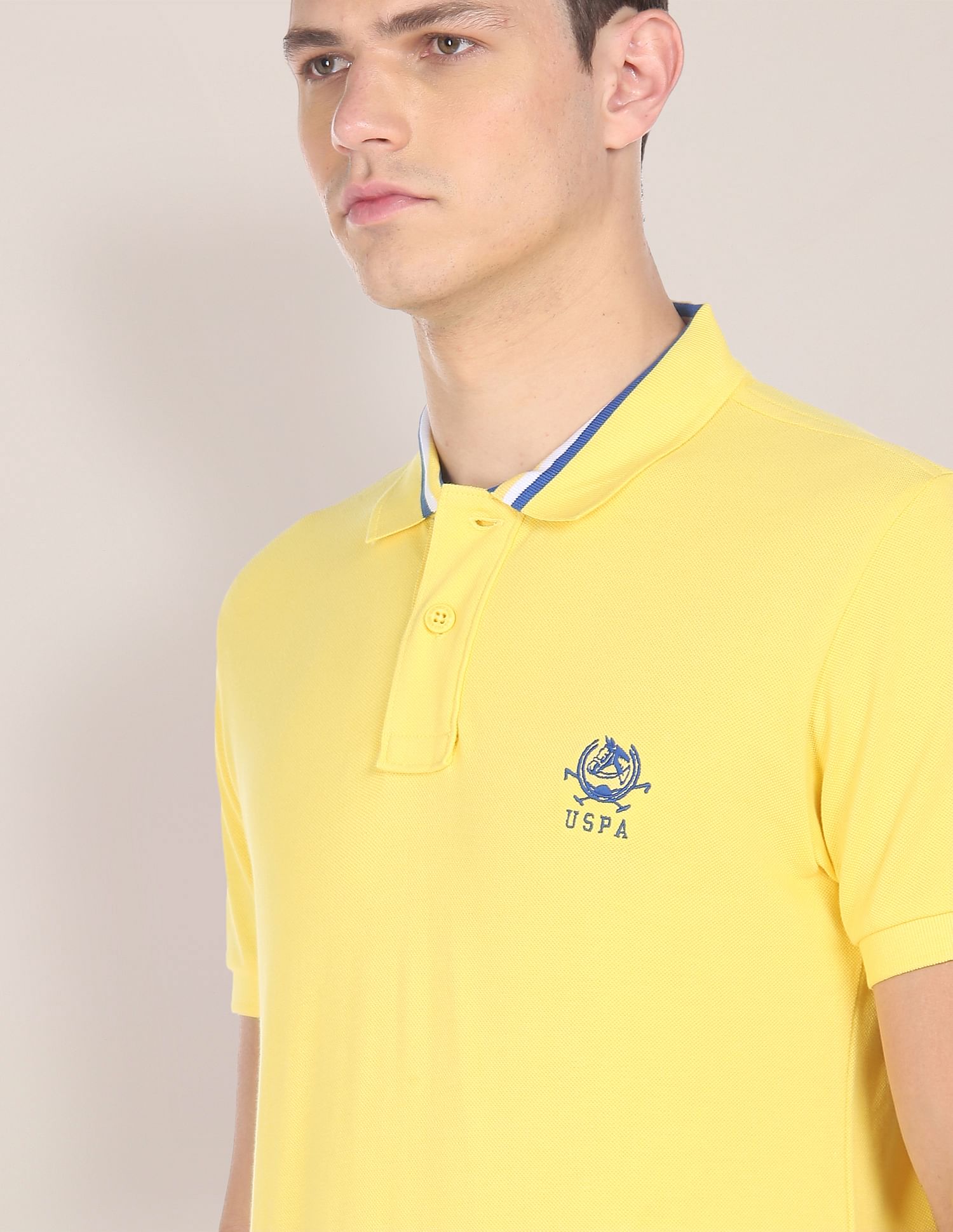 Men Light Yellow Cotton Solid Polo Shirt Light Yellow - U.S. POLO ASSN. | Large
