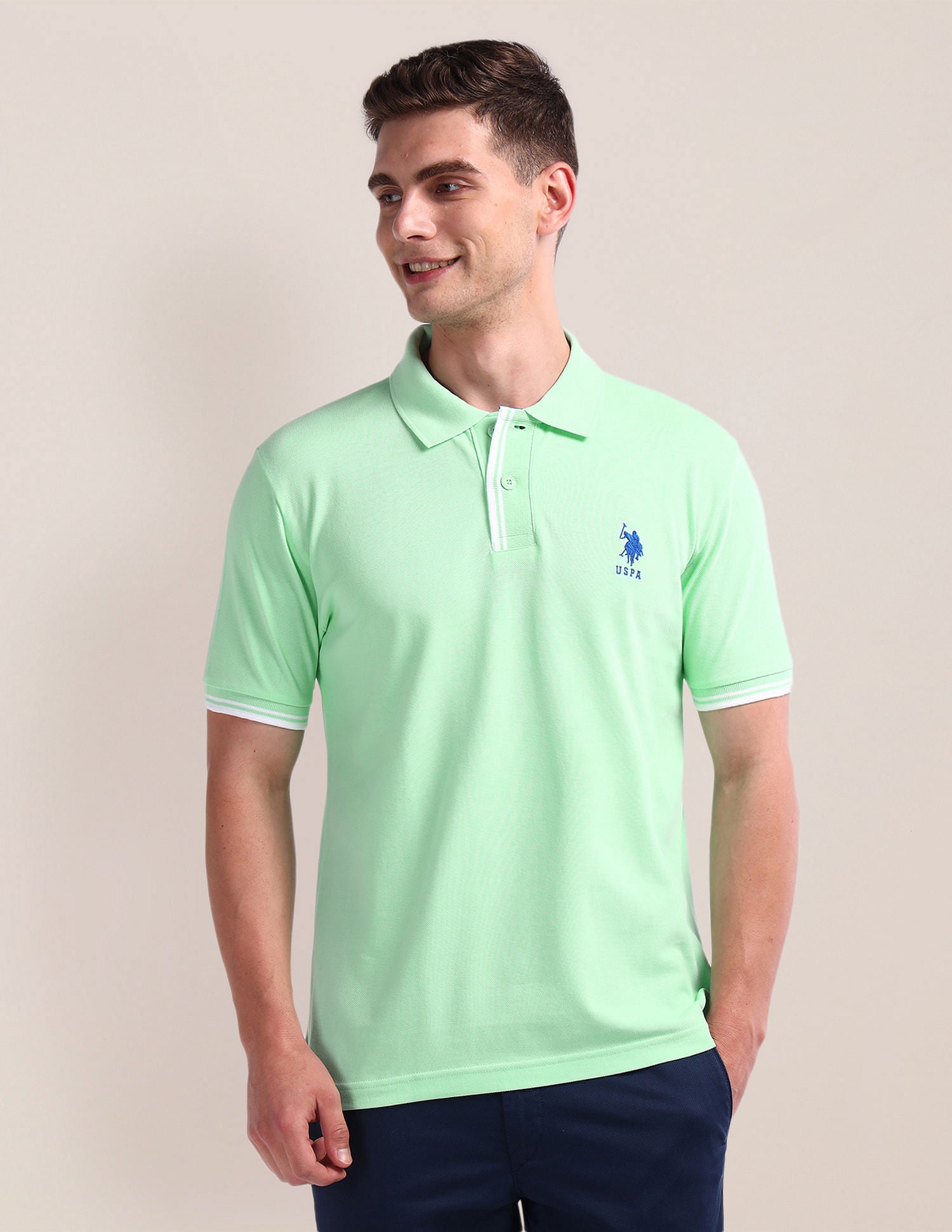 Pure Cotton Solid Polo Shirt Light Green - U.S. Polo Assn. India | Large