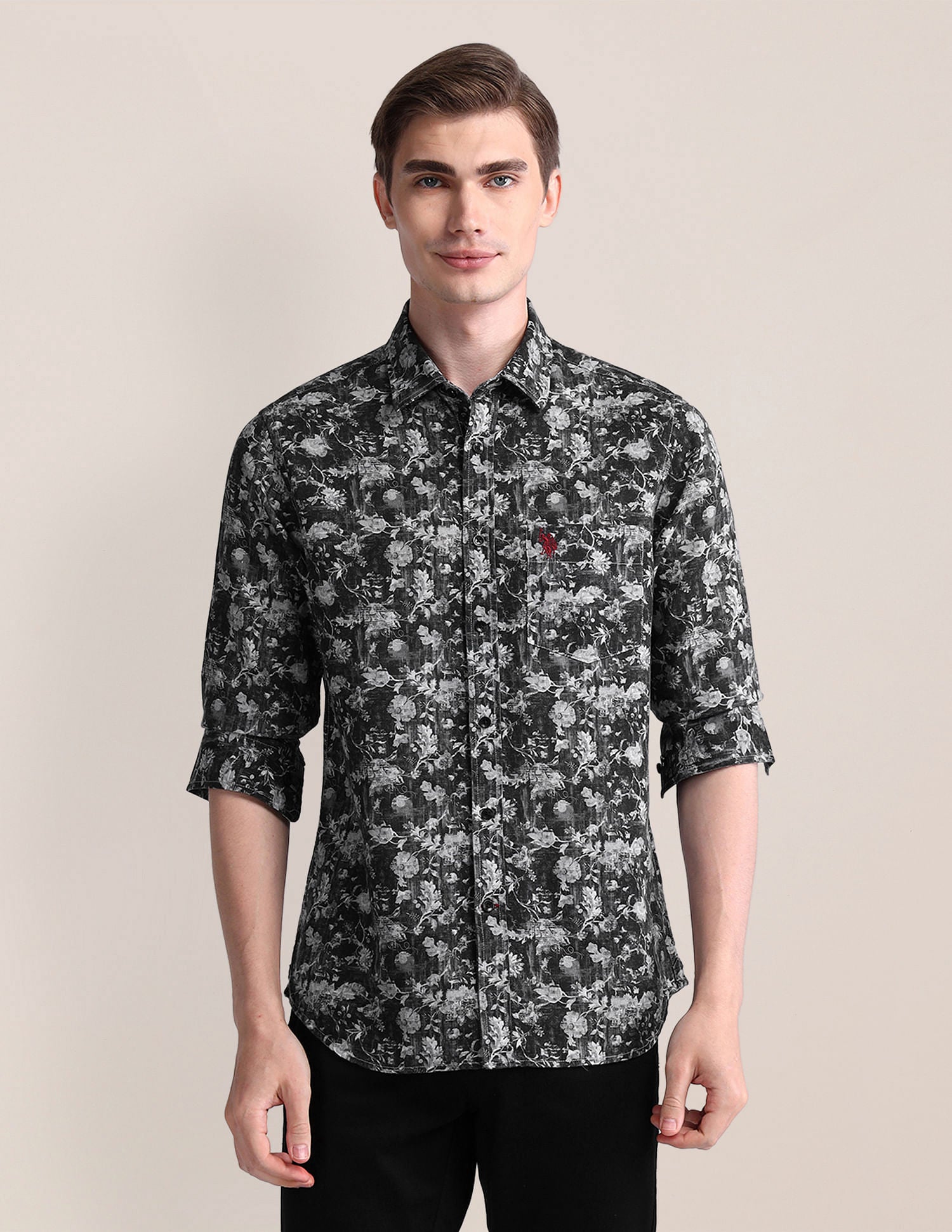 Tailored Fit Floral Shirt Charcoal-Grey - U.S. Polo Assn. India | Large
