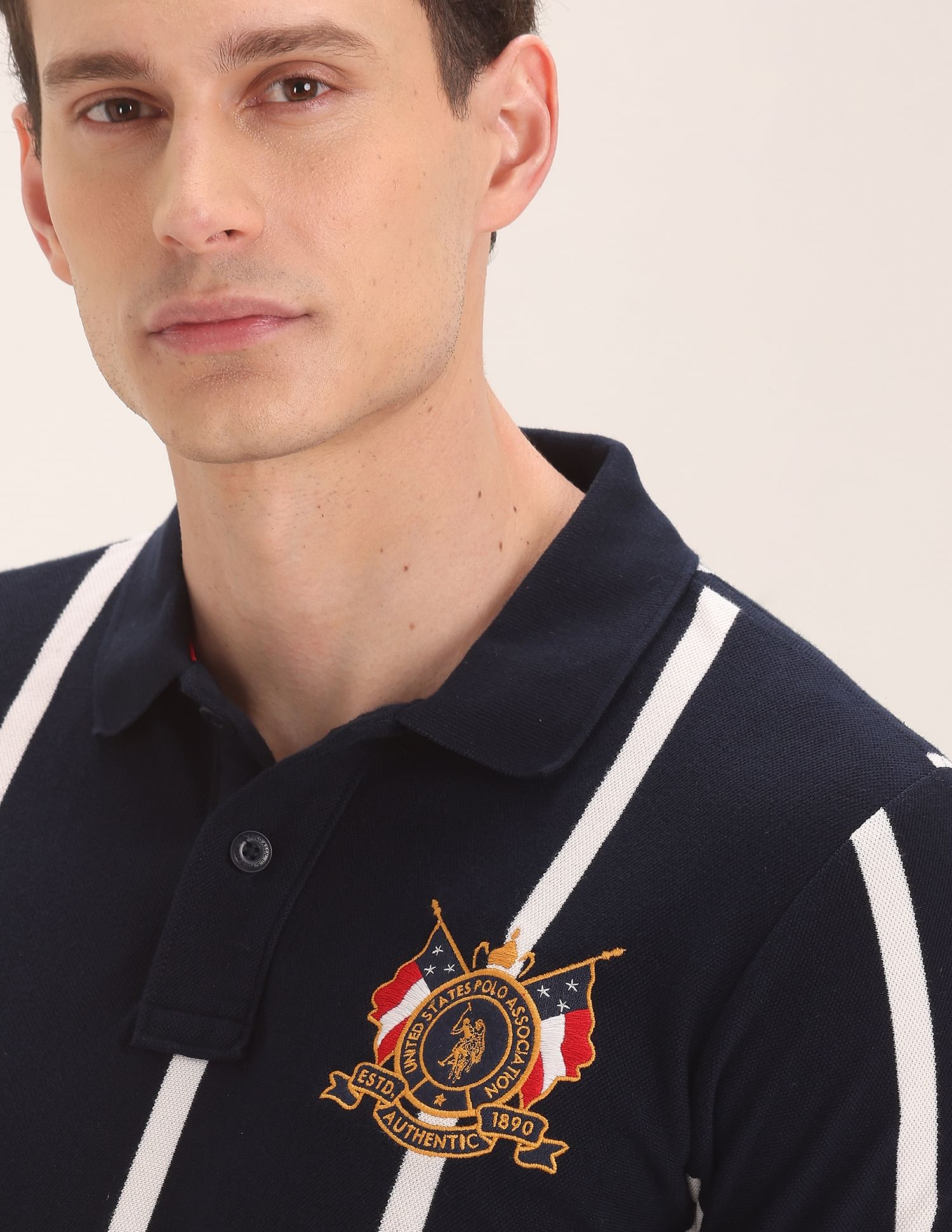 Crest Embroidered Striped Polo Shirt Navy - U.S. Polo Assn. India | Large