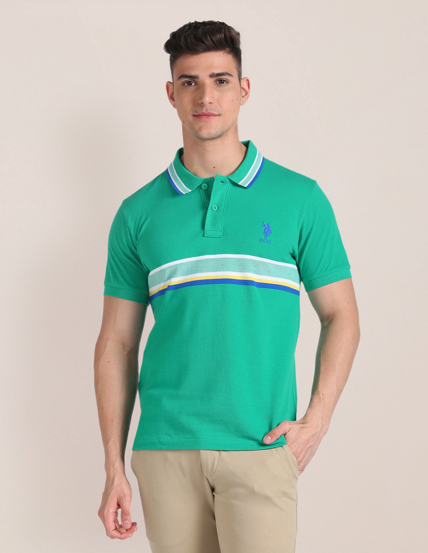 Horizontal Stripe Slim Polo Shirt Green - U.S. Polo Assn. India | Large