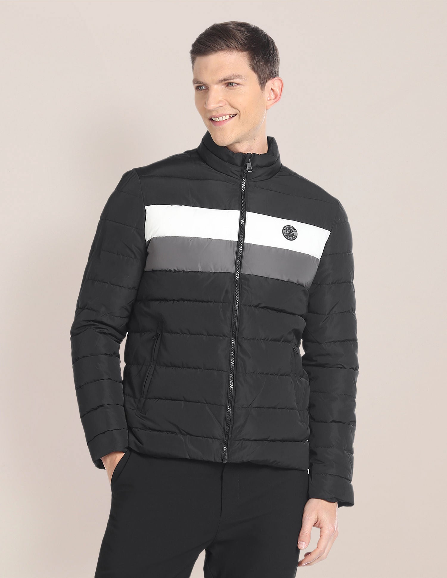 High Neck Striped Puffer Jacket Black - U.S. POLO ASSN. | Large