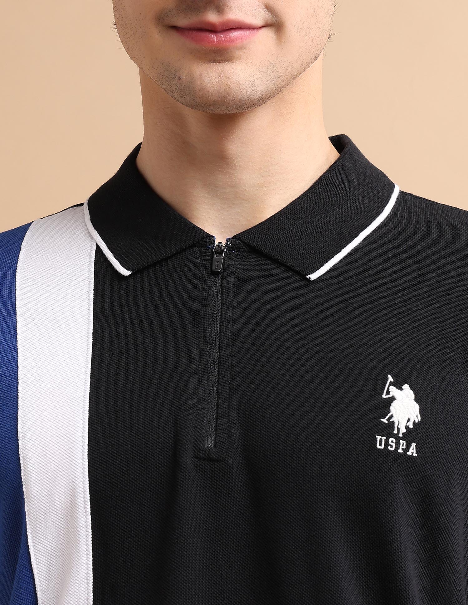 Colour Block Zipper Polo Shirt Black - U.S. POLO ASSN. | Large
