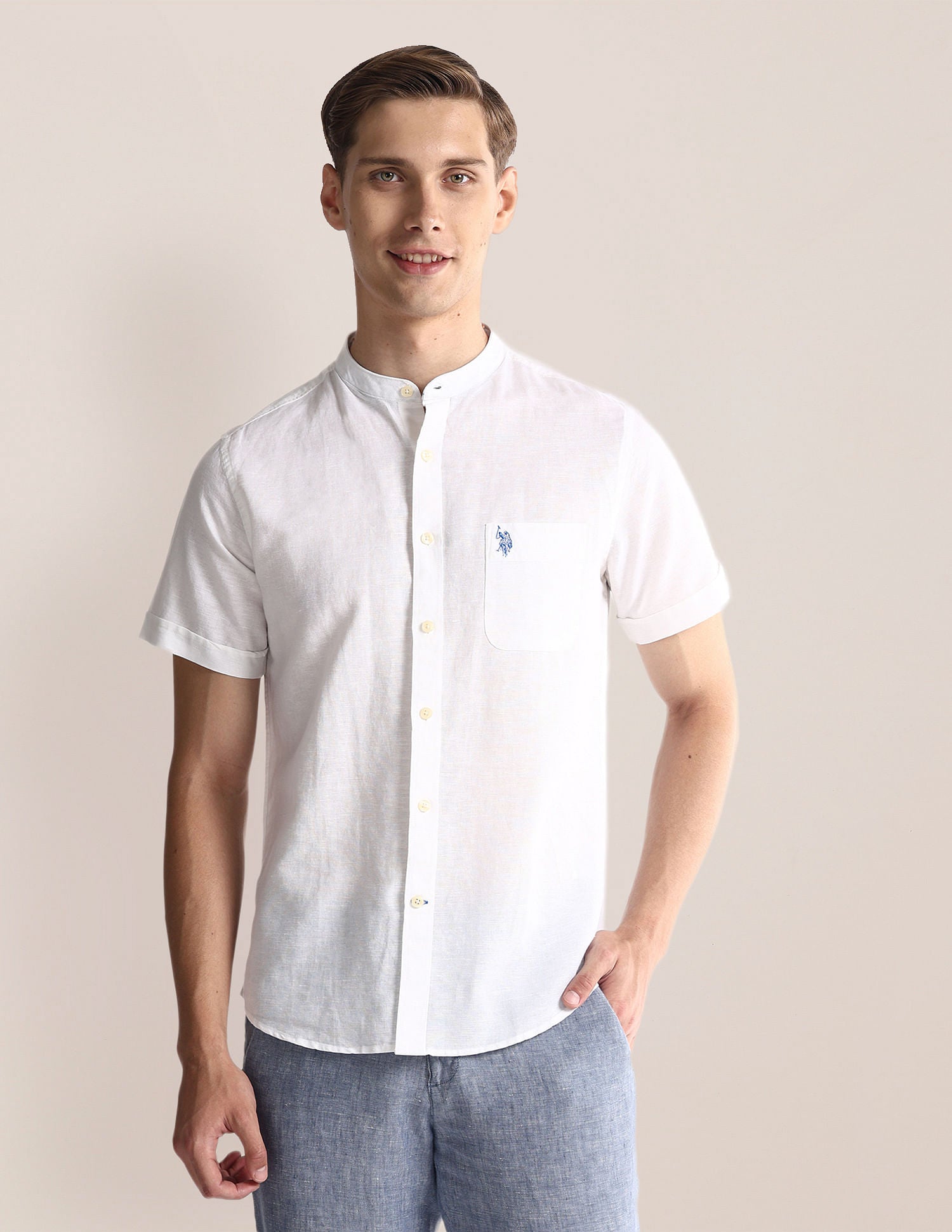 Mandarin Collar Linen Blend Shirt White - U.S. Polo Assn. India | Large