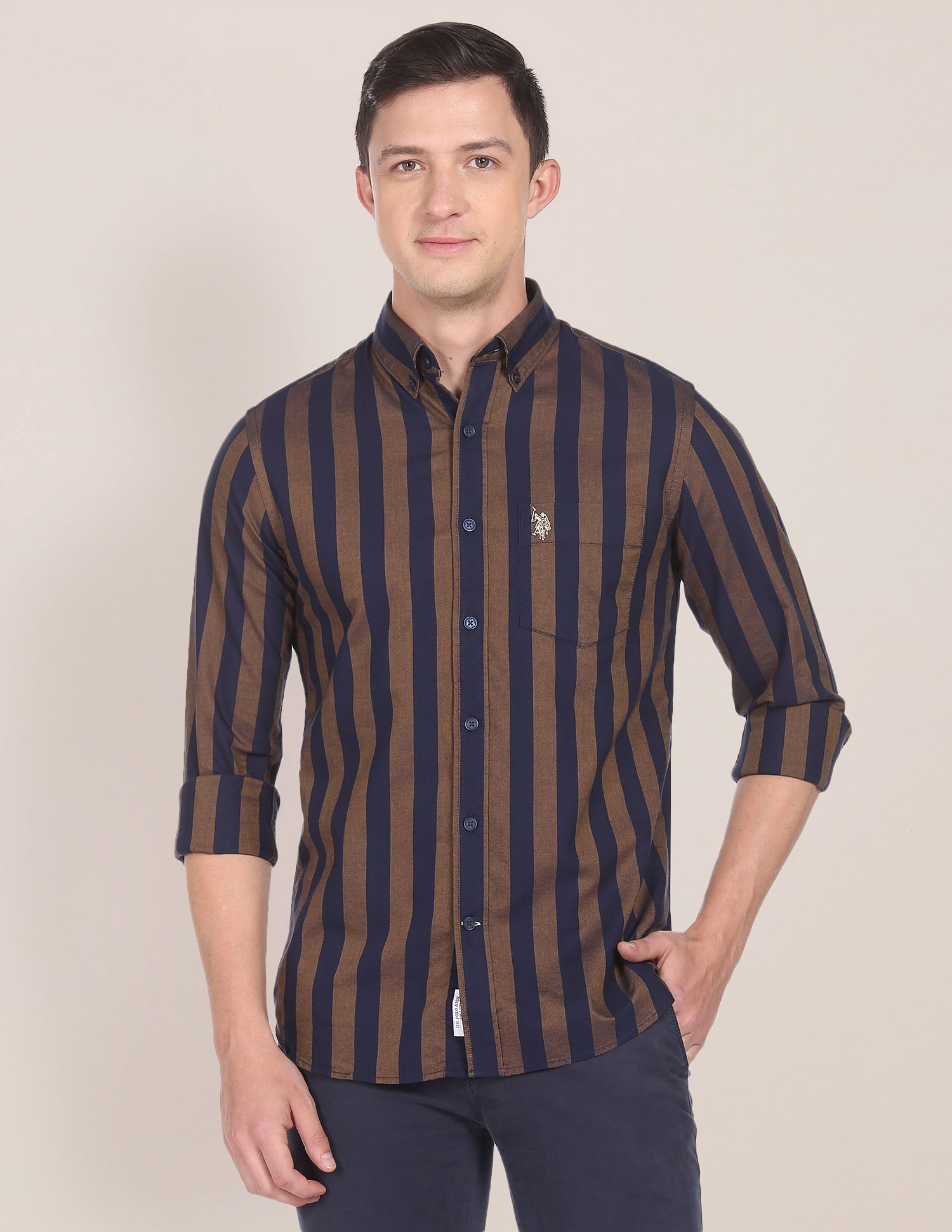 Vertical Stripe Oxford Casual Shirt Brown and Navy - U.S. Polo Assn. India | Large