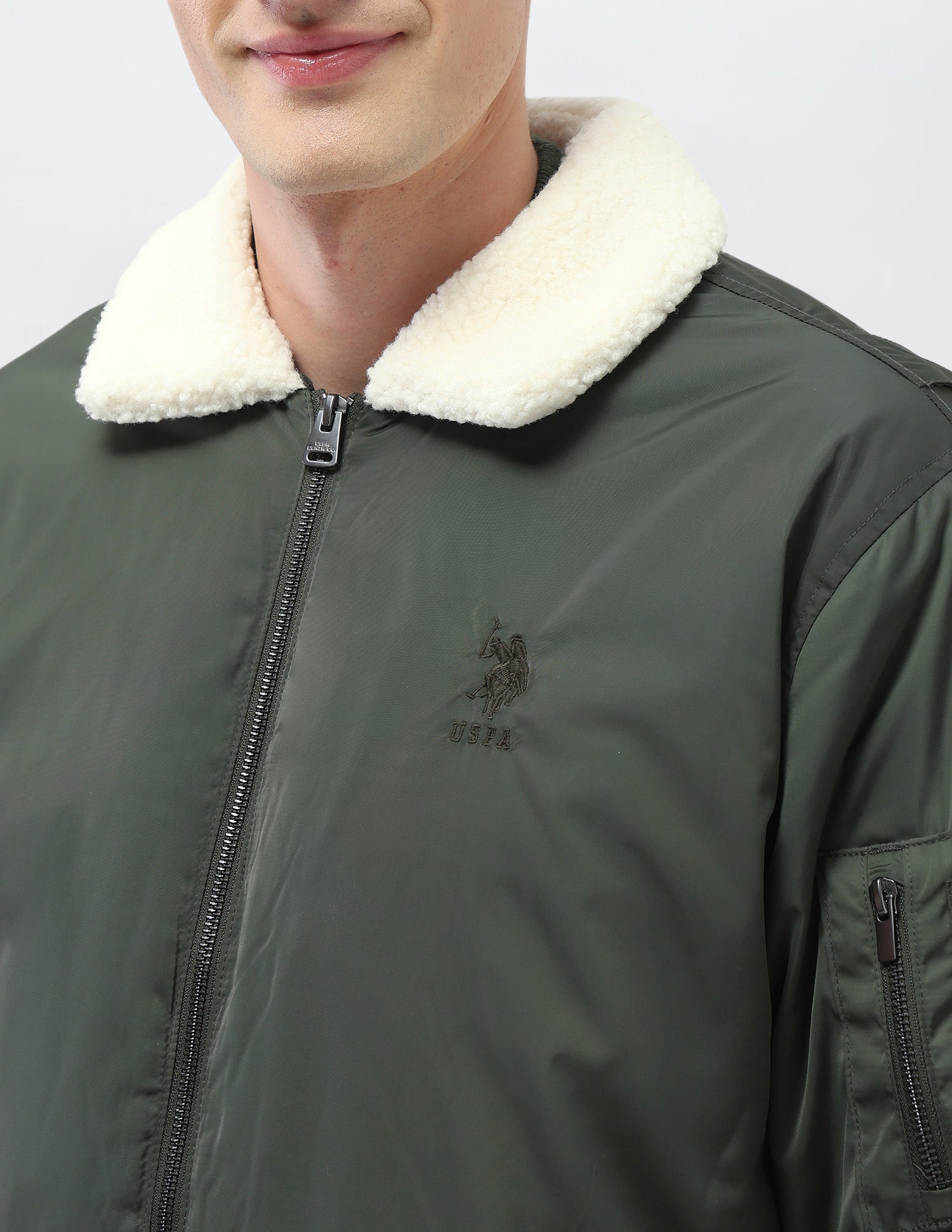 Solid Regular Fit Bomber Jacket Olive - U.S. Polo Assn. India | Large