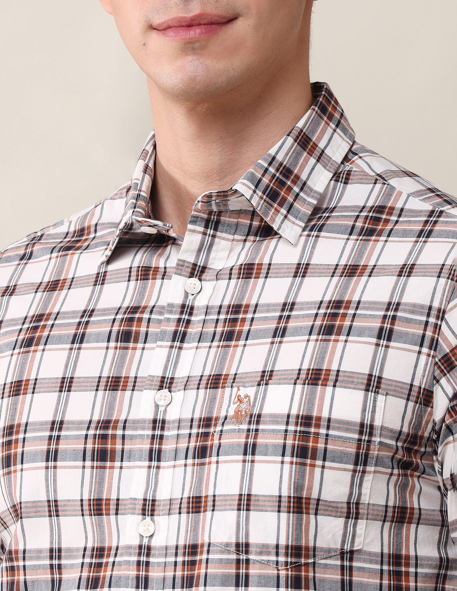 Tailored Fit Twill Checked Shirt Off White - U.S. Polo Assn. India | Large