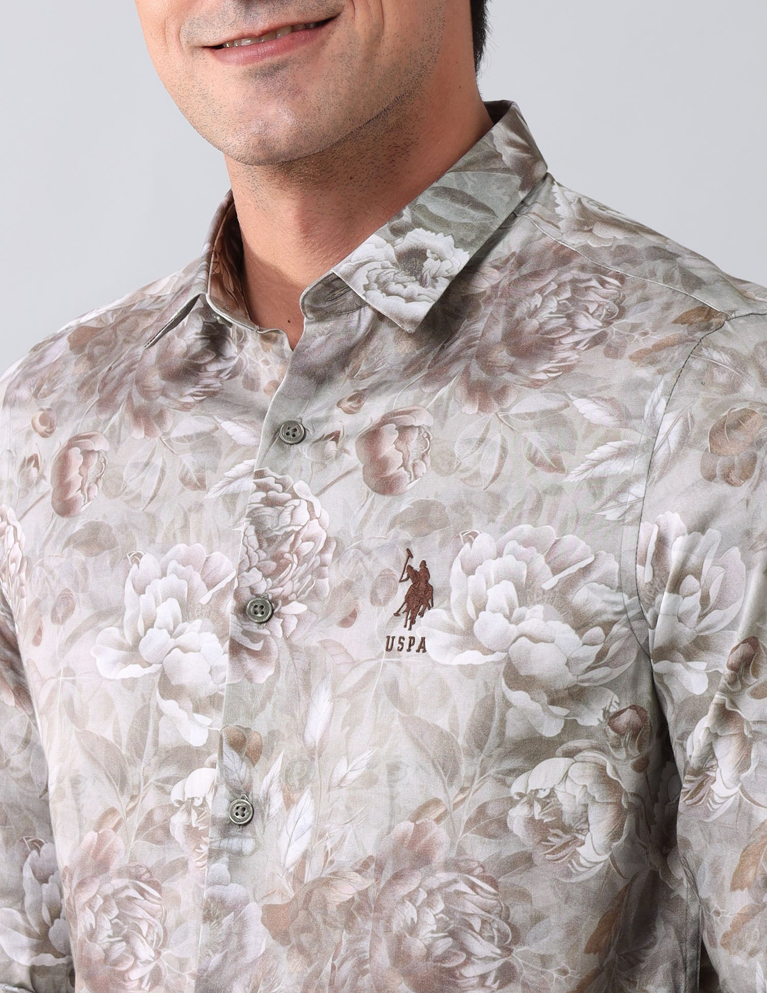 Regular Fit Floral Printed Shirt Light Grey - U.S. Polo Assn. India | Large