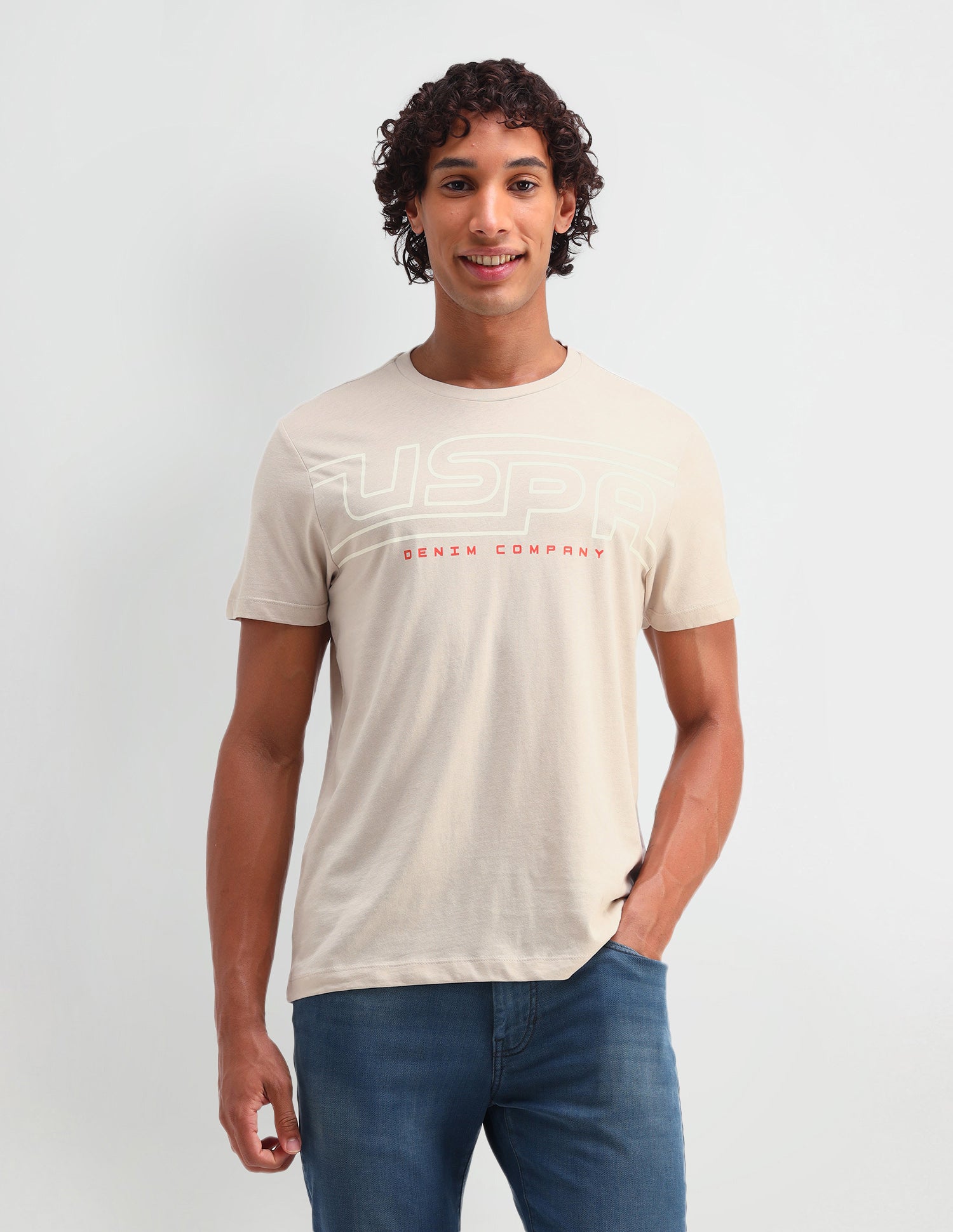 Brand Printed Muscle Fit T-Shirt Beige - U.S. Polo Assn. India | Large