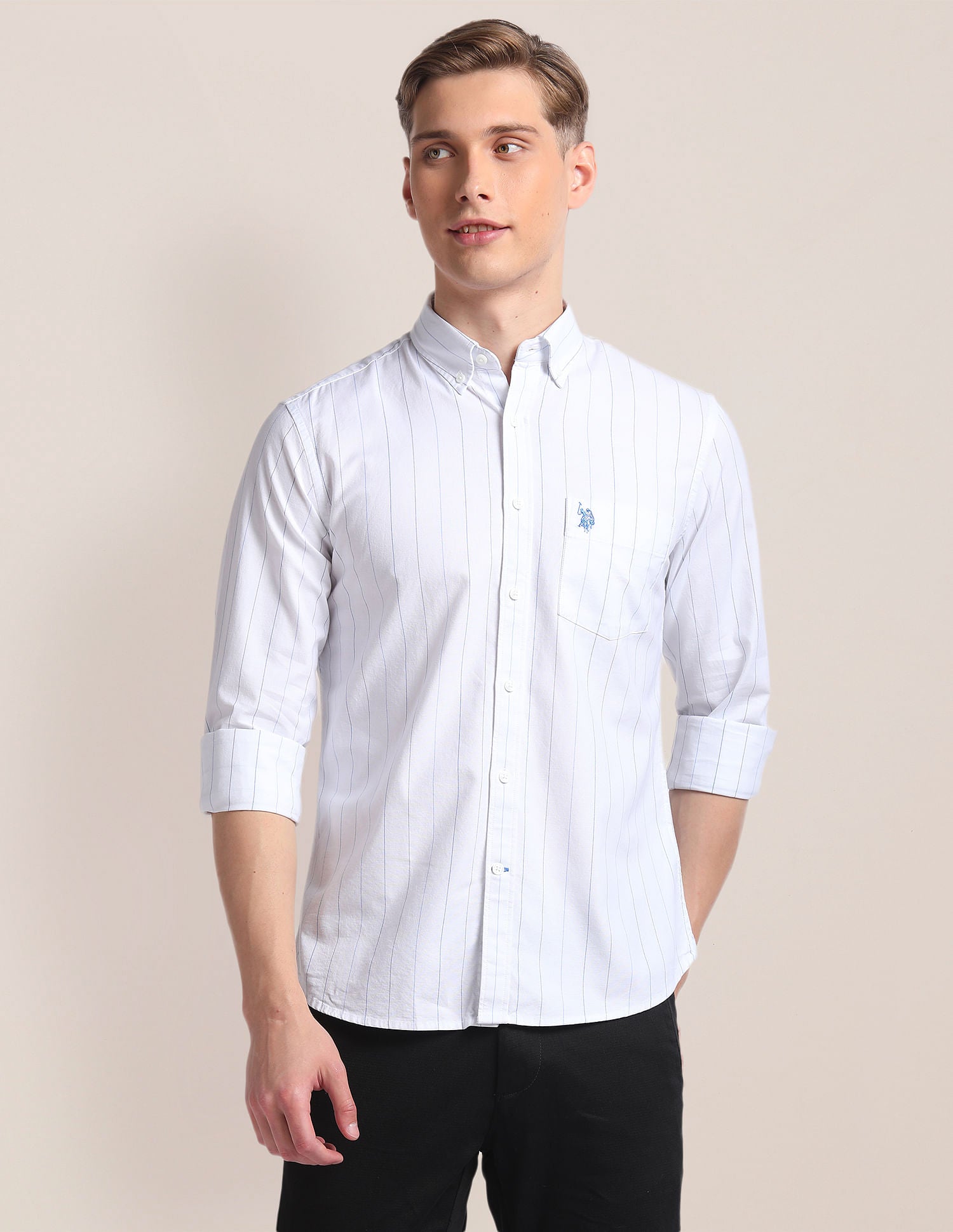 Cotton Stretch Vertical Stripe Shirt White - U.S. Polo Assn. India | Large