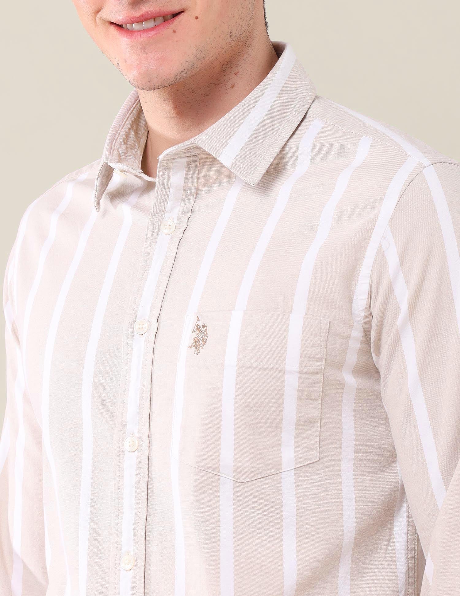 Vertical Striped Oxford Shirt Beige - U.S. Polo Assn. India | Large