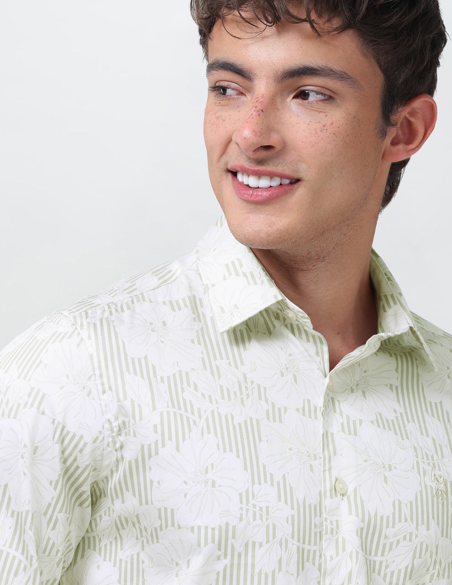 Vertical Striped With Floral Printed Satin Shirt Beige - U.S. Polo Assn. India | Large