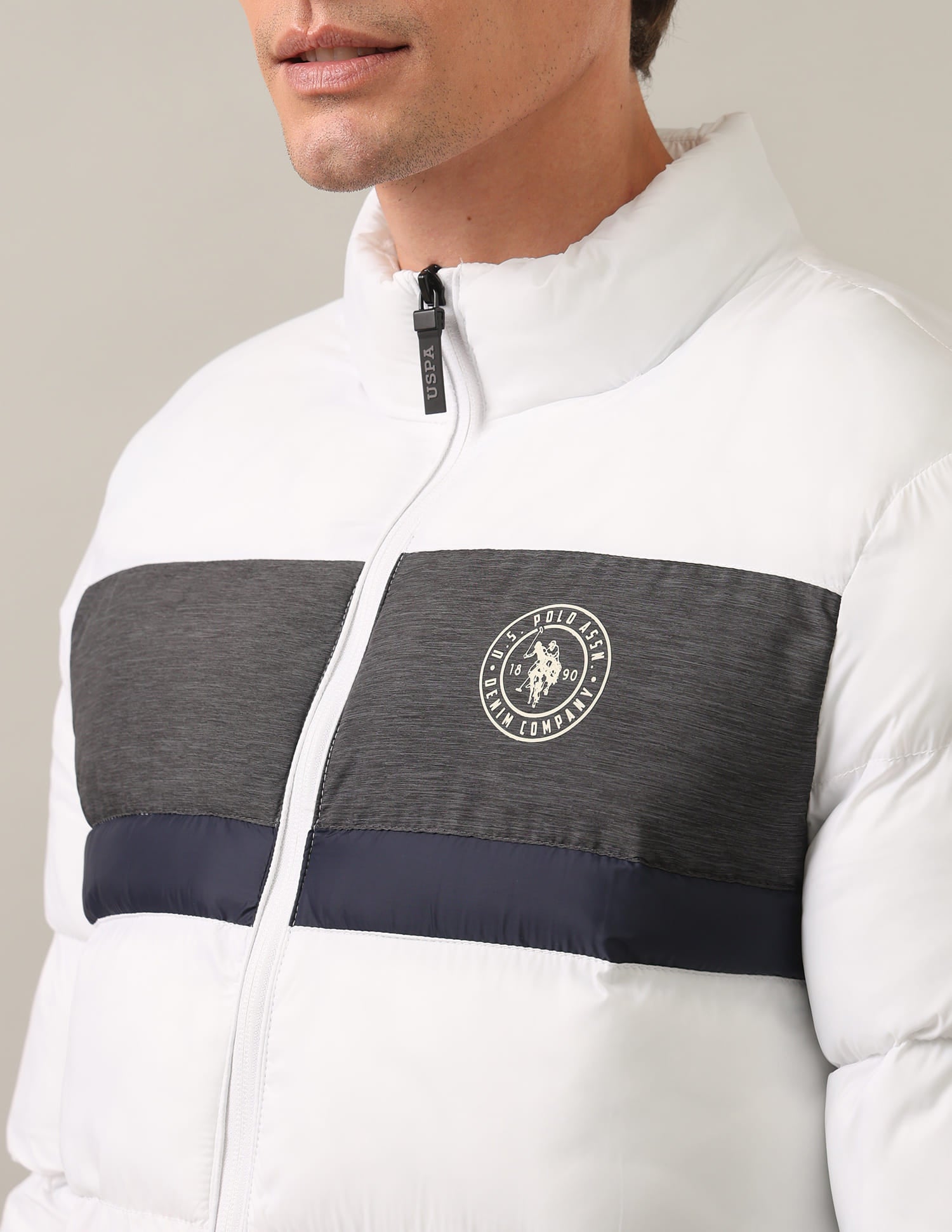High Neck Colour Block Puffer Jacket White - U.S. Polo Assn. India | Large