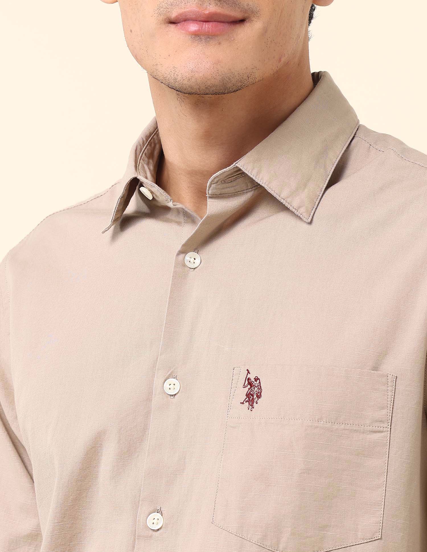 Solid Twill Tailored Fit Shirt Light Khaki - U.S. Polo Assn. India | Large