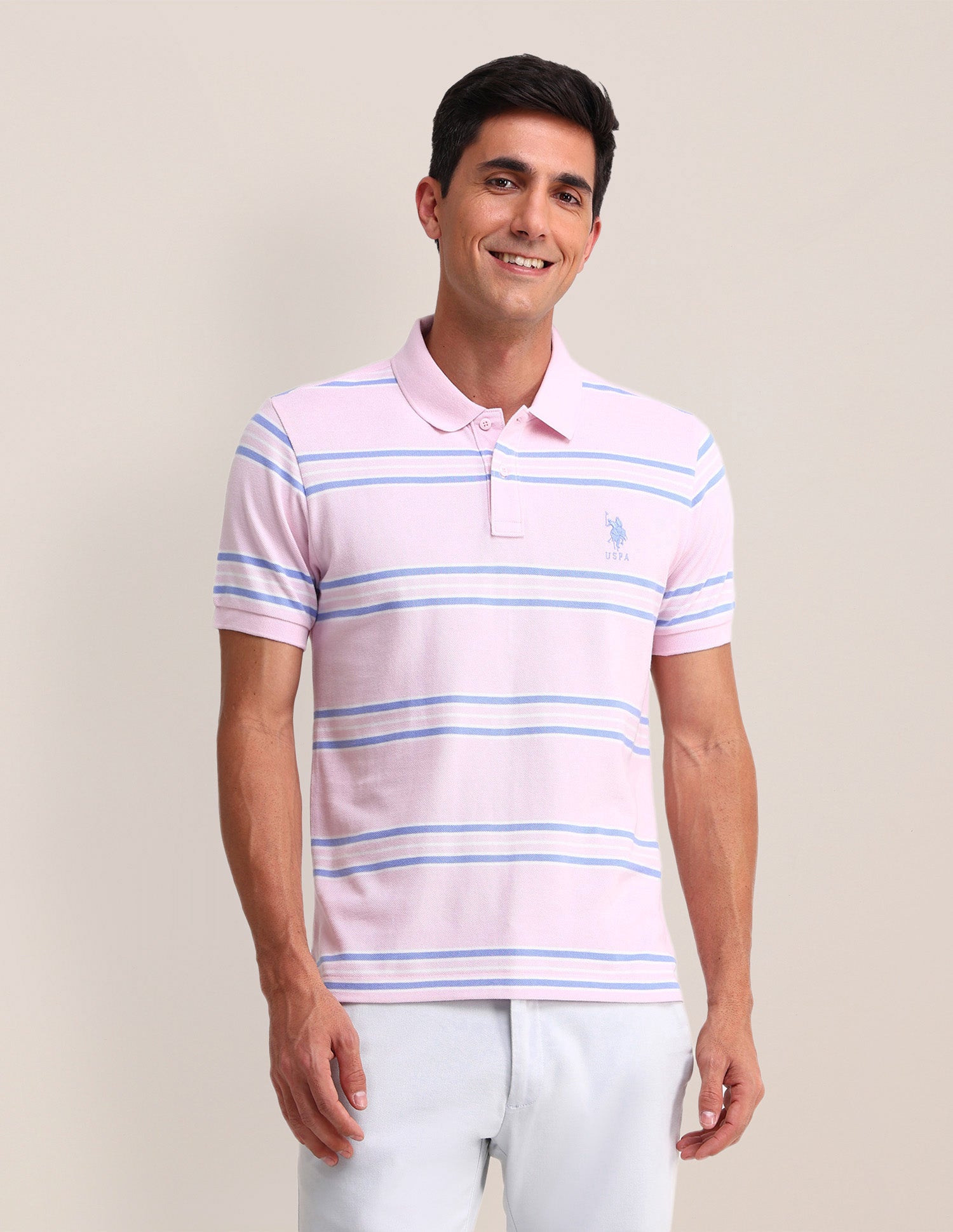 Horizontal Striped Cotton Polo Shirt Pink - U.S. Polo Assn. India | Large