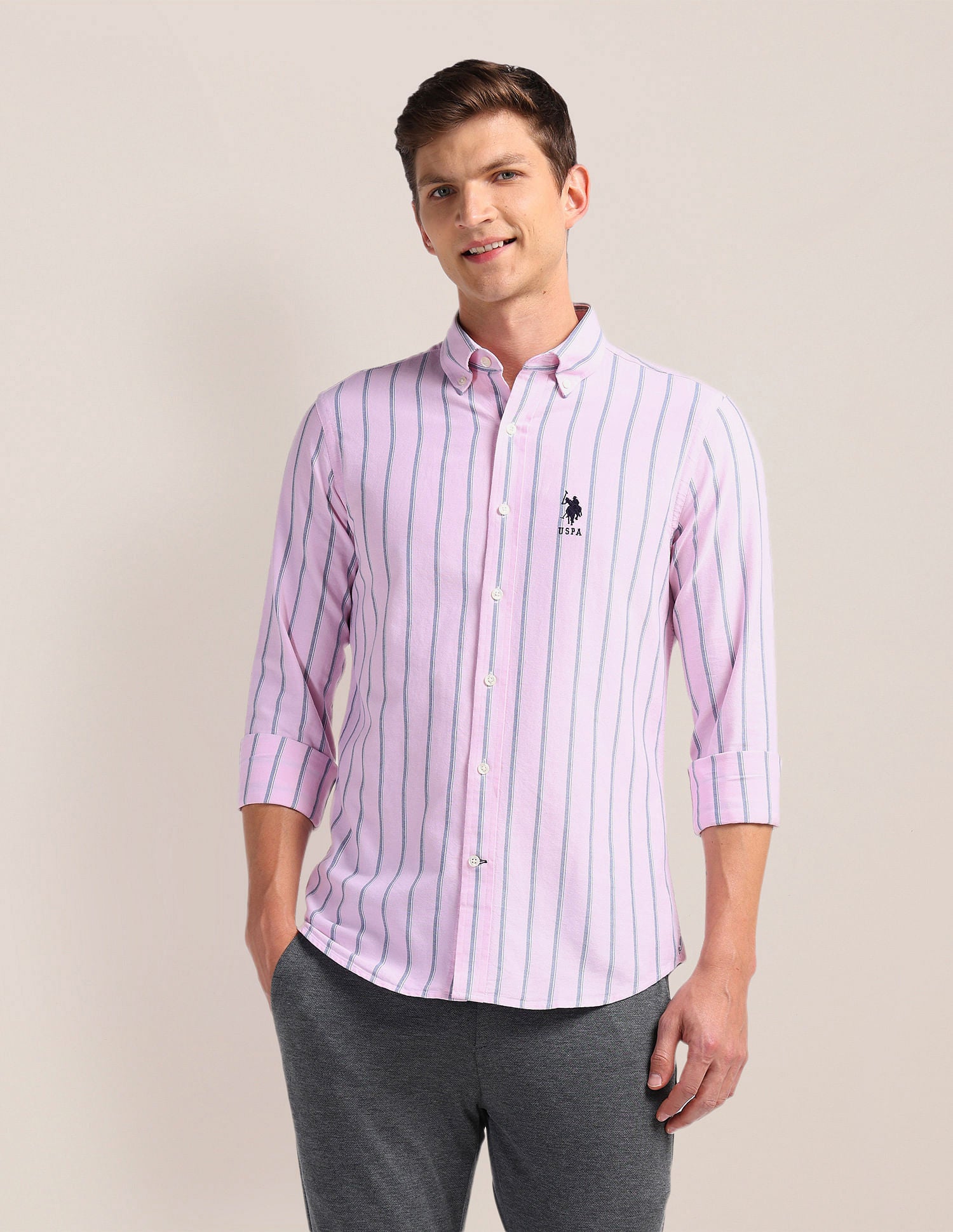 Vertical Stripes Pure Cotton Shirt Pink - U.S. POLO ASSN. | Large