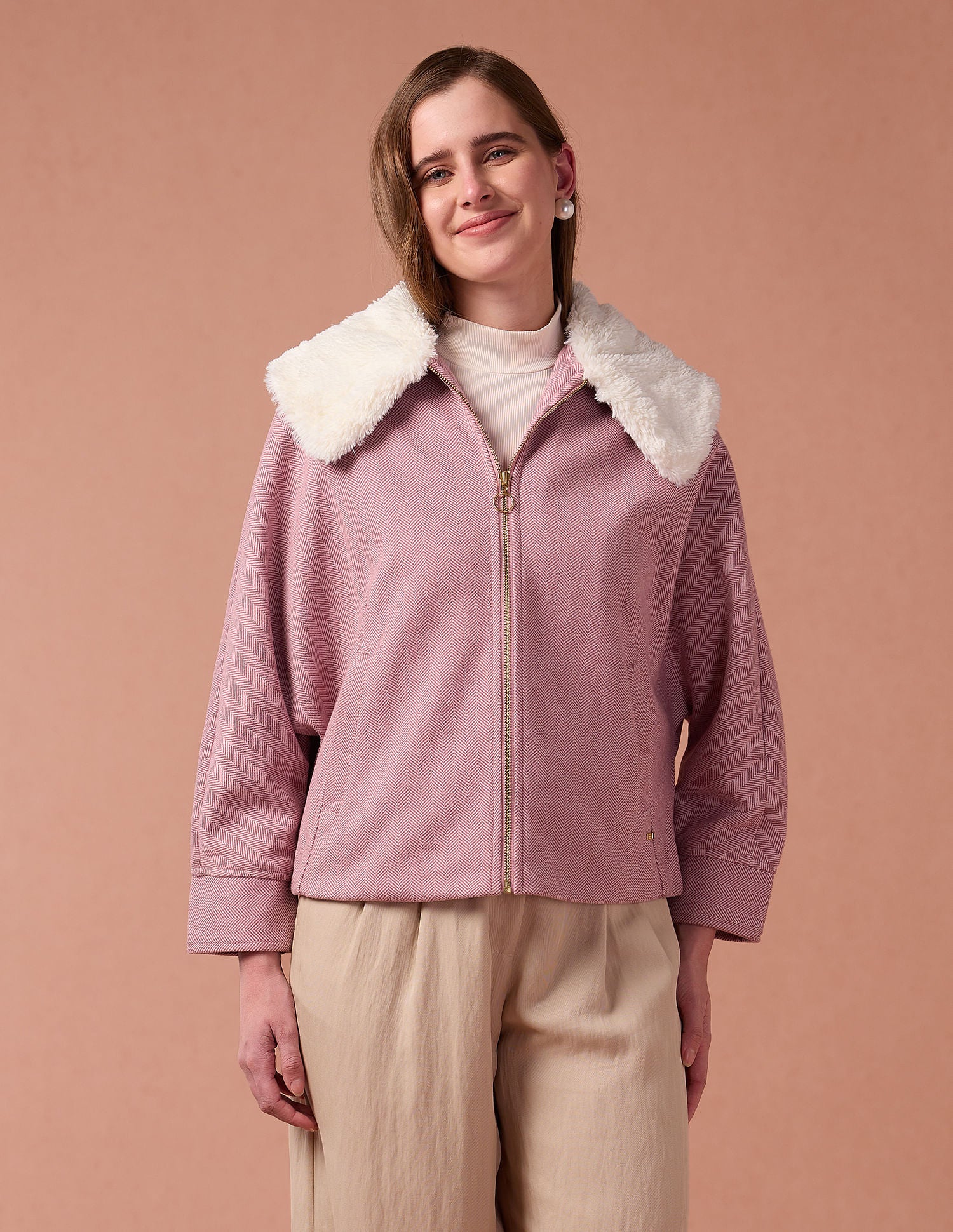 Fur Collar Relaxed Fit Jacket Muted Pink - U.S. POLO ASSN. | Large