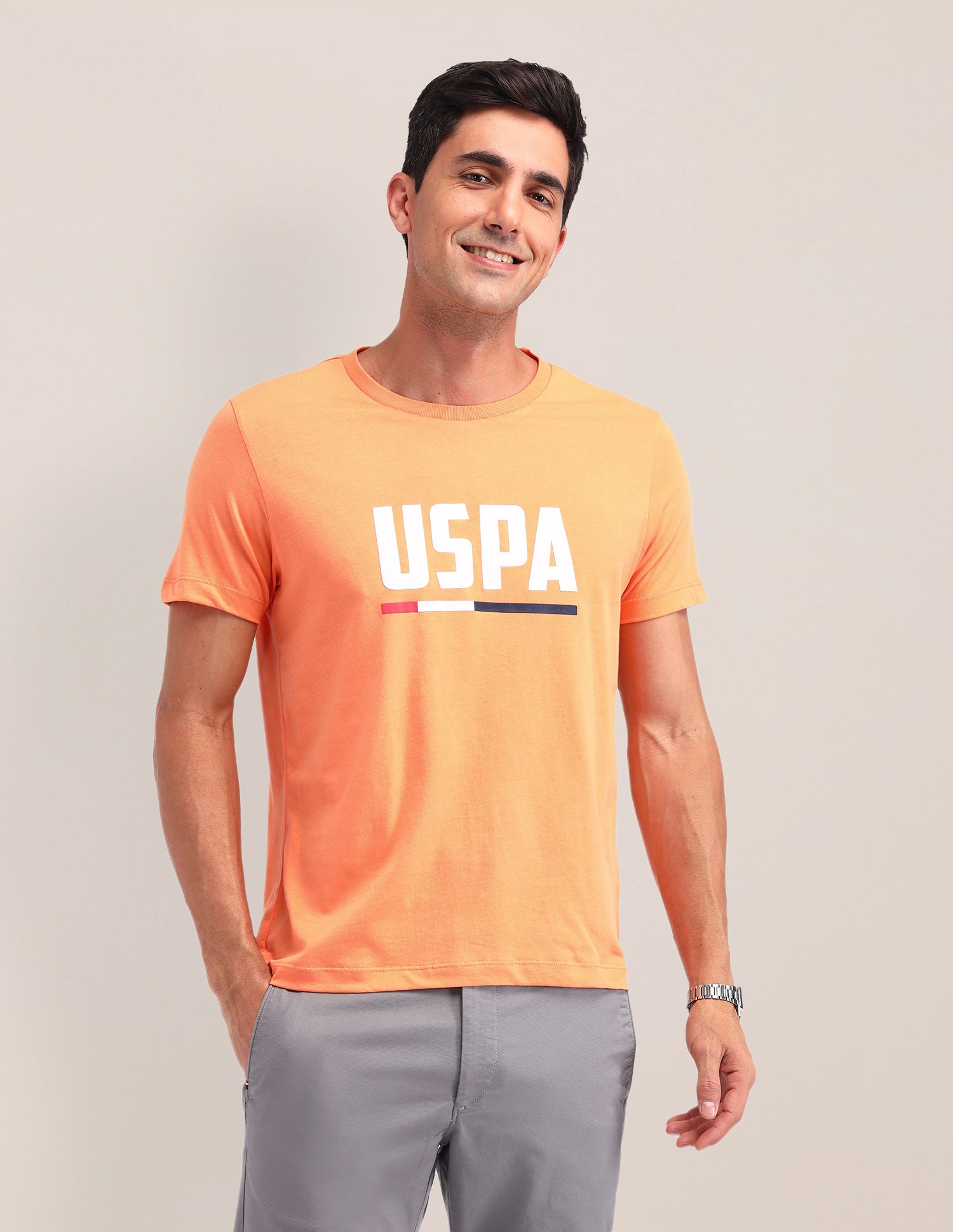 Brand Printed Cotton T-Shirt Orange - U.S. Polo Assn. India | Large