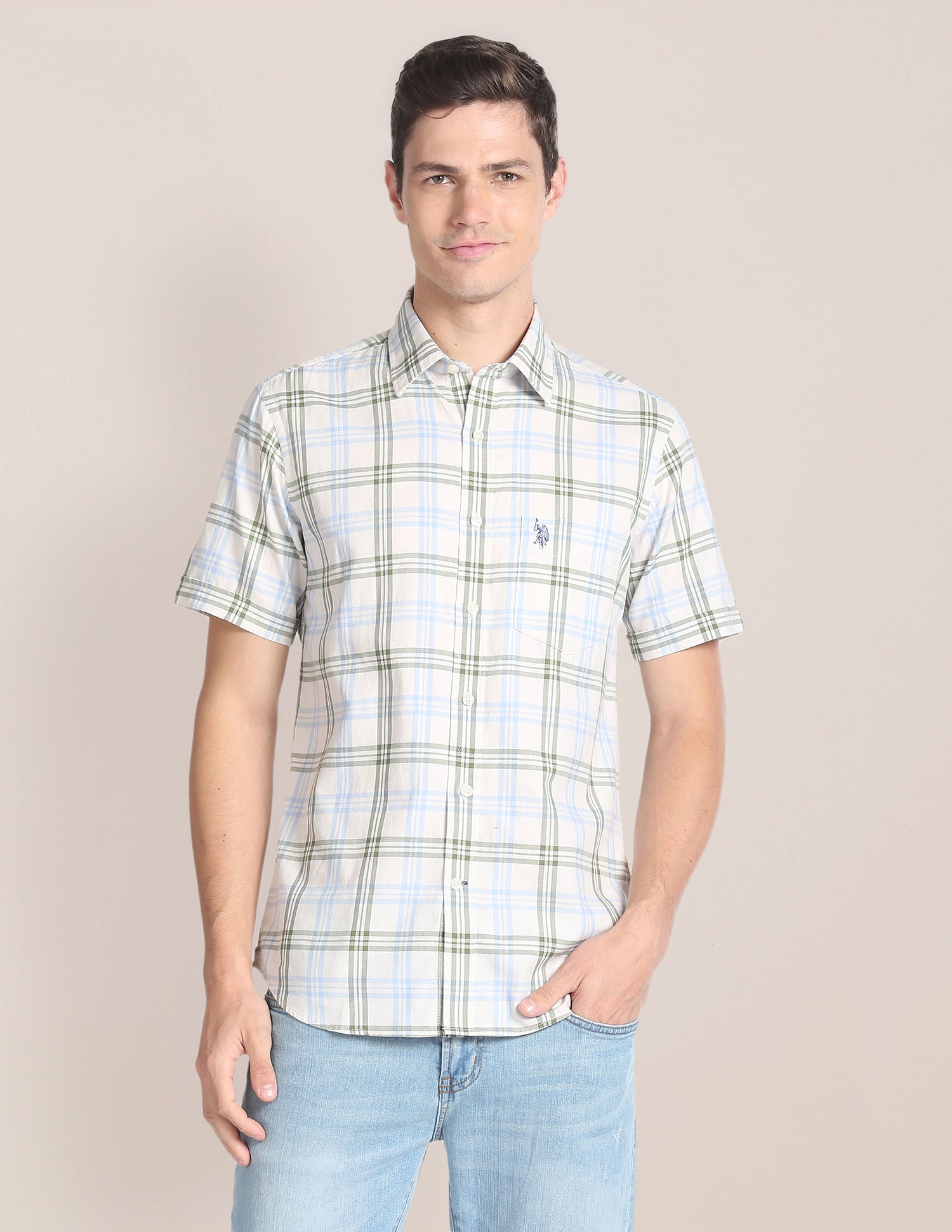 Short Sleeve Plaid Check Shirt Light Green - U.S. Polo Assn. India | Large