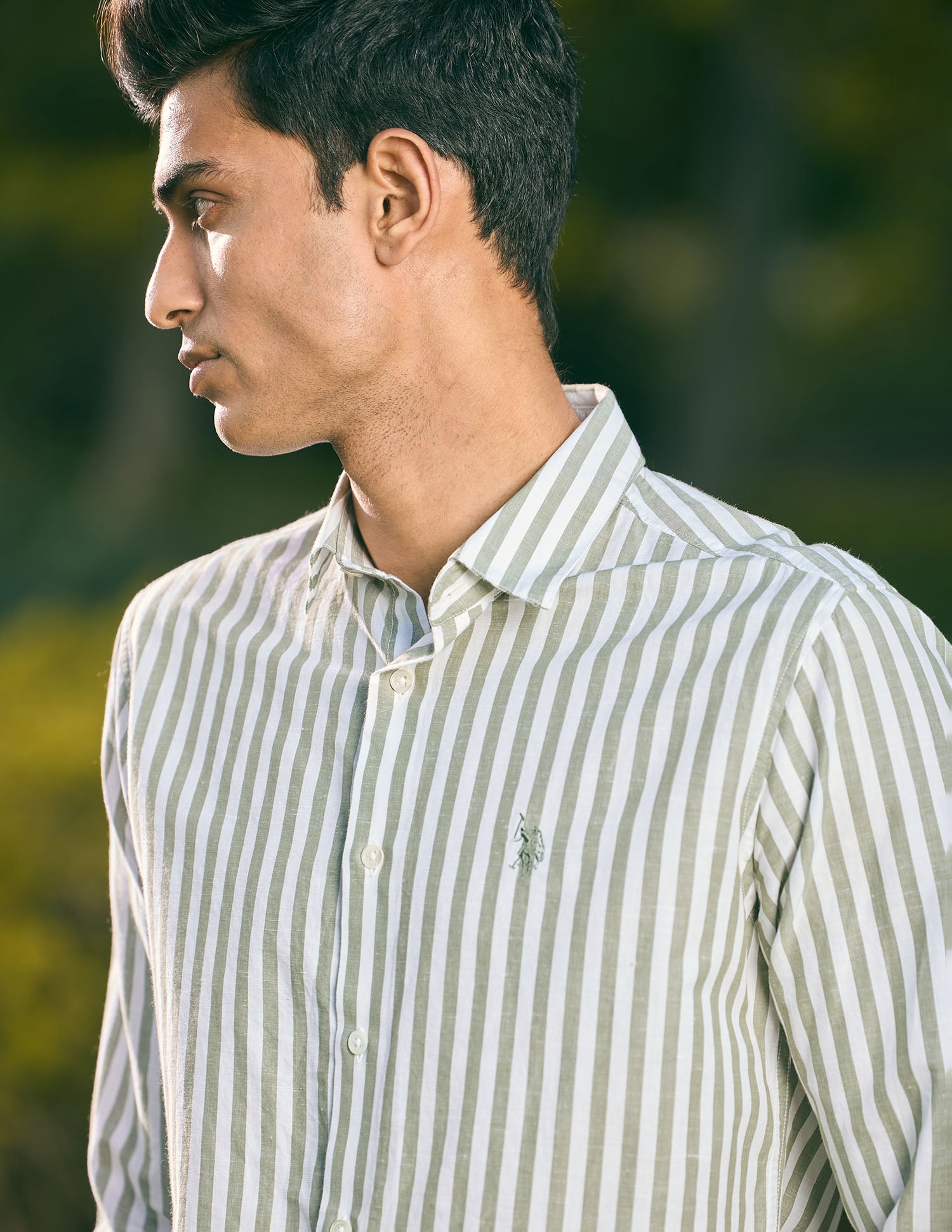 Pacho X Vertical Stripe Cotton Linen Shirt Light Green - U.S. POLO ASSN. | Large