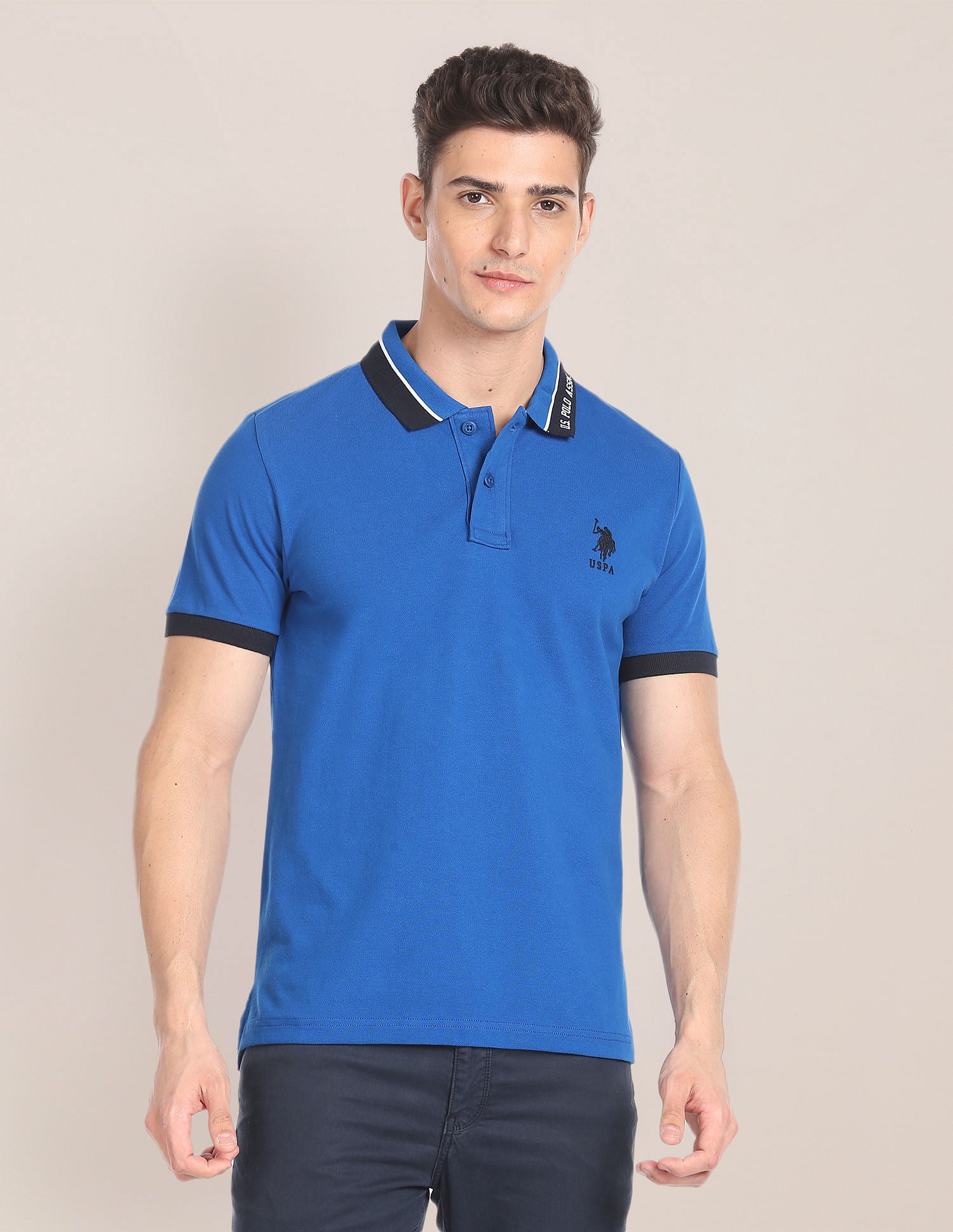 Branded Collar Pique Polo Shirt Blue - U.S. POLO ASSN. | Large