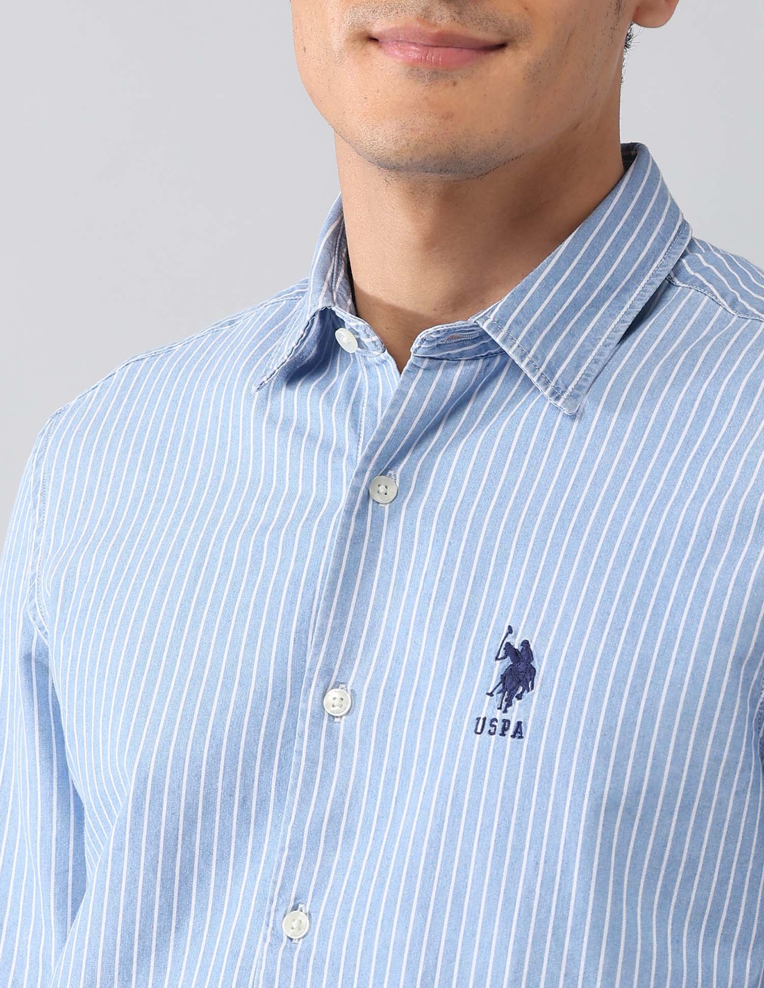 Vertical Striped Twill Pure Cotton Shirt Light Indigo - U.S. Polo Assn. India | Large