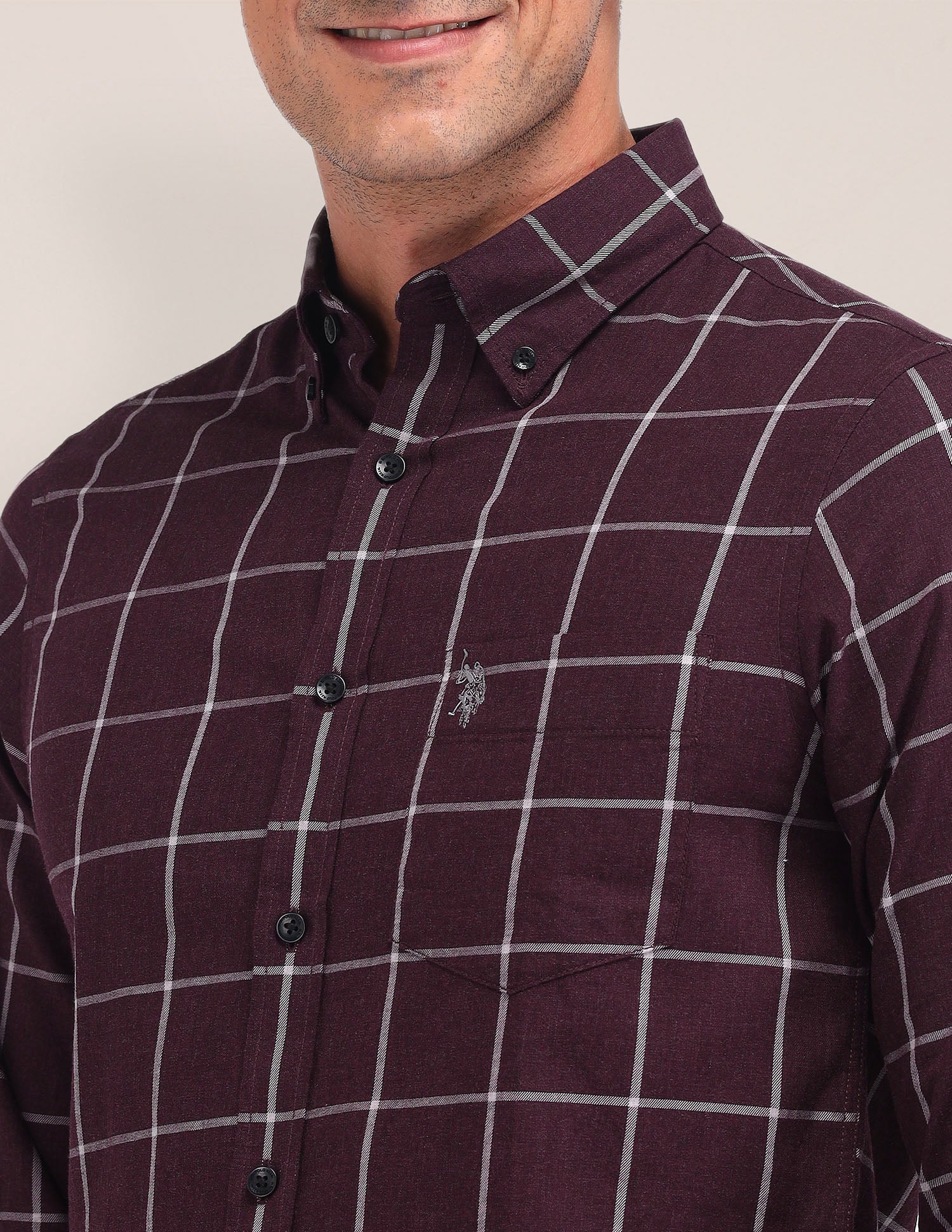 Windowpane Checked Tailored Fit Shirt Maroon - U.S. Polo Assn. India | Large