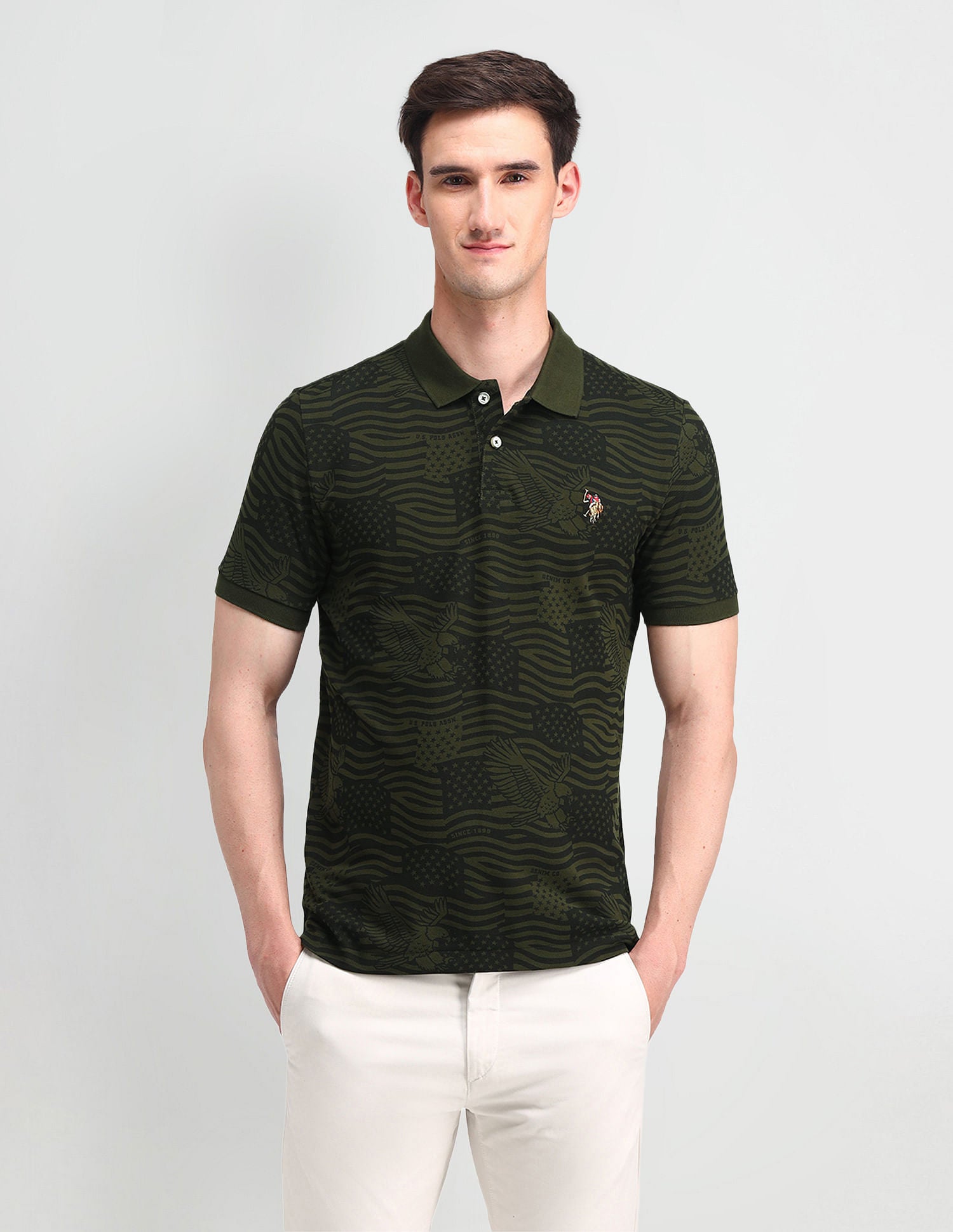 Muscle Fit Printed Polo Shirt Olive - U.S. Polo Assn. India | Large