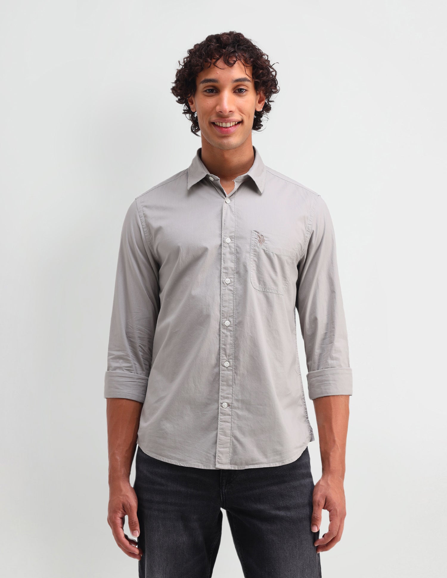 Solid Pattern Twill Shirt Light Grey - U.S. Polo Assn. India | Large