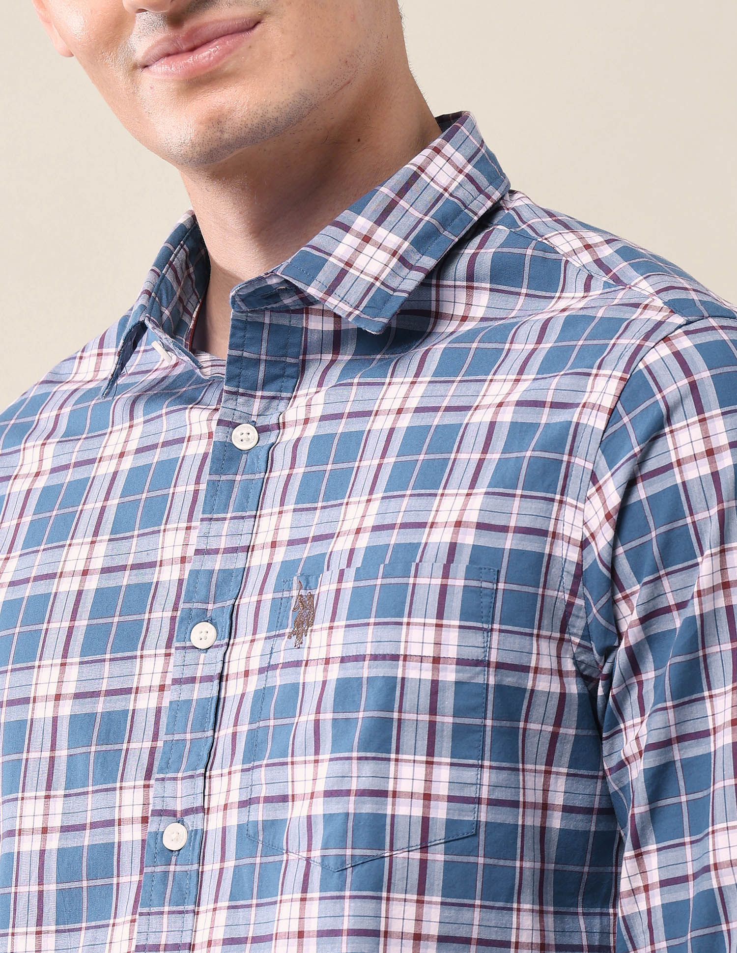 Grid Tattersall Checked Tailored Fit Shirt Medium Blue - U.S. Polo Assn. India | Large