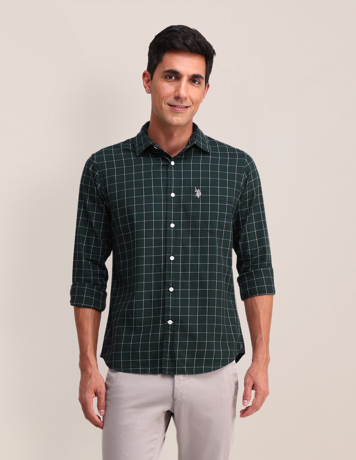Windowpane Checked Twill Shirt Dark Green - U.S. Polo Assn. India | Large