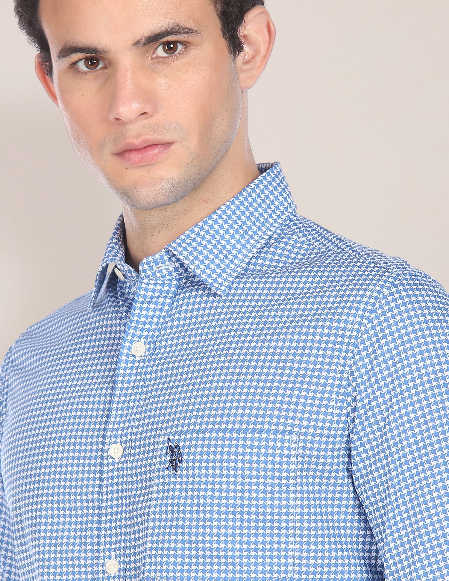 Men Blue Spread Collar Printed Casual Shirt Blue - U.S. POLO ASSN. | Large