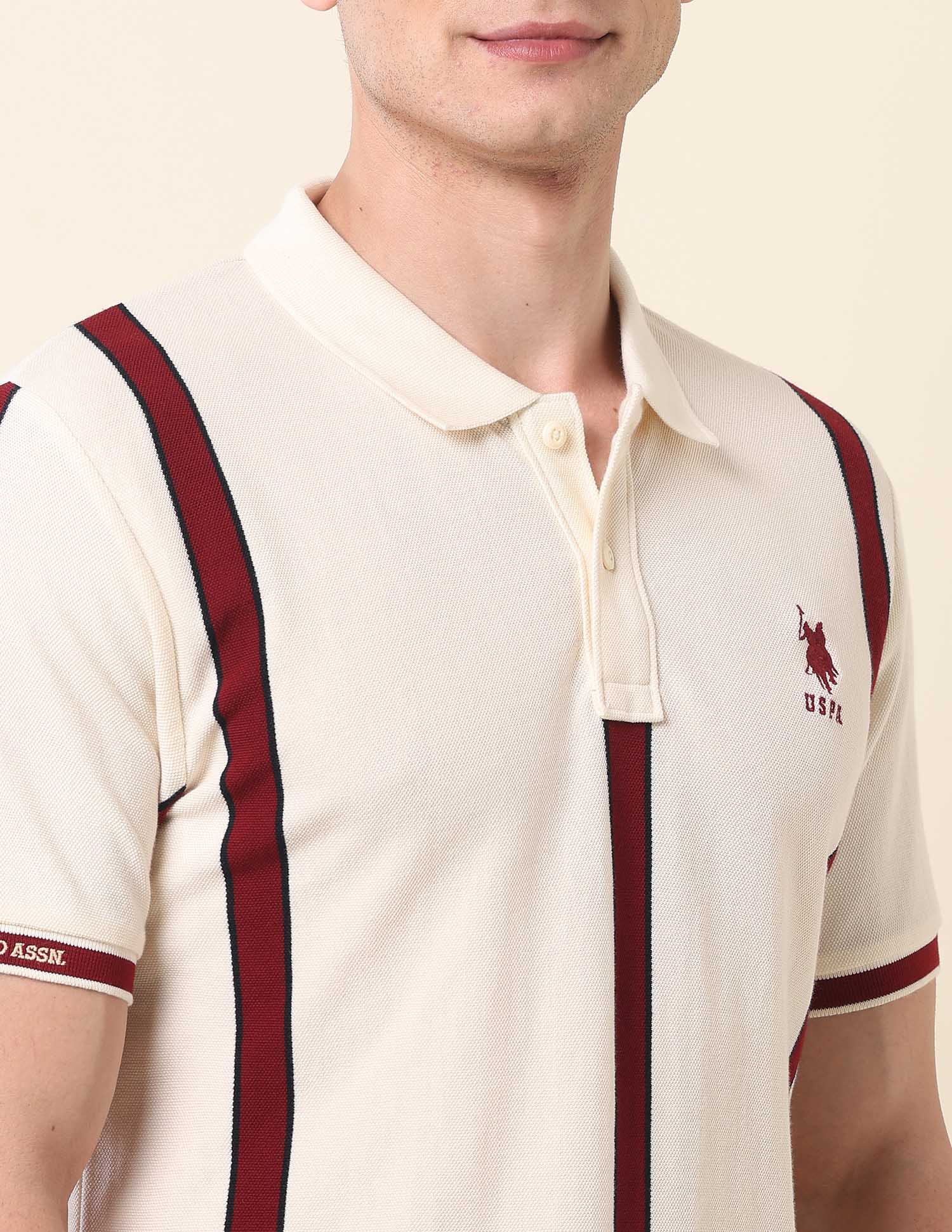 Vertical Striped Gold Cup Polo Shirt Off White - U.S. Polo Assn. India | Large