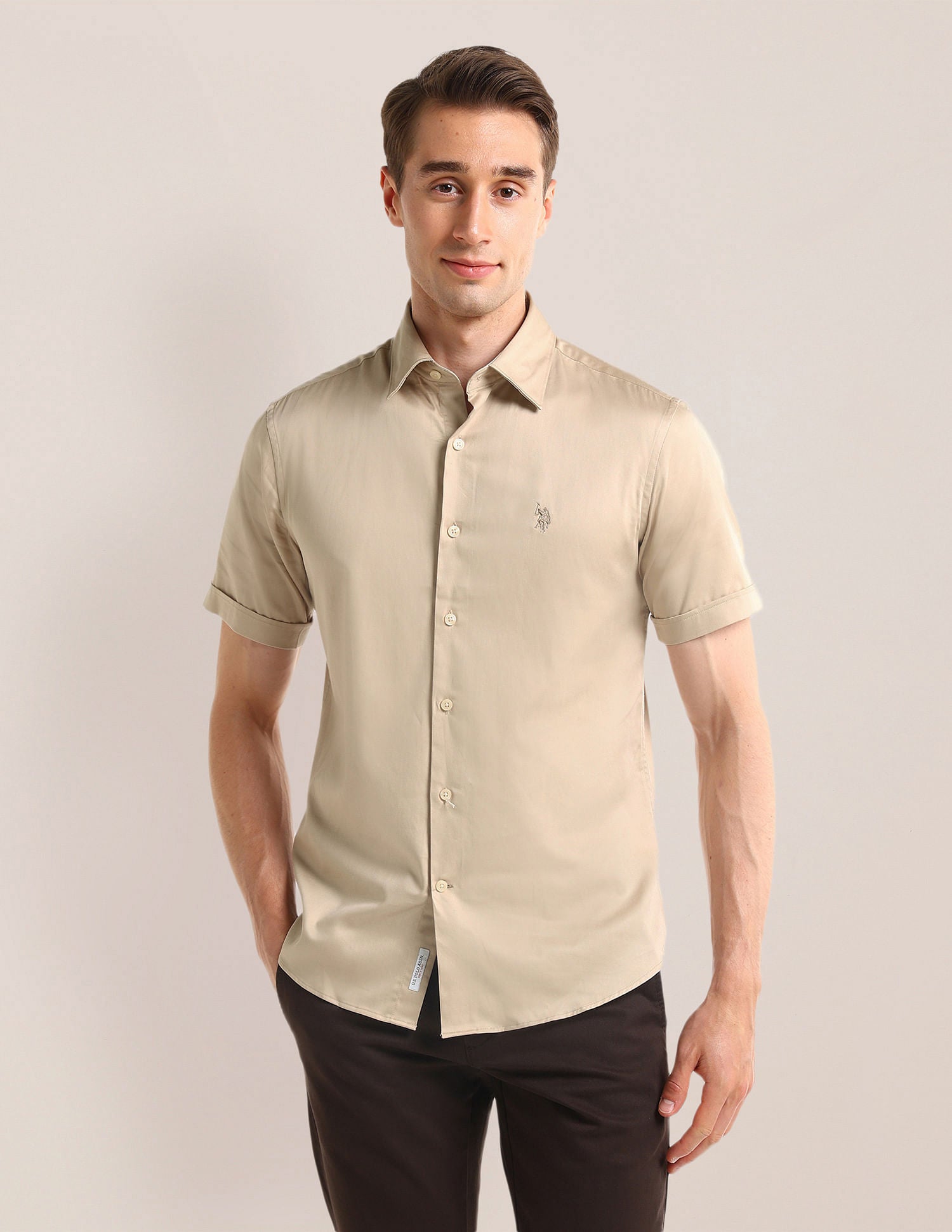 Tailored Fit Solid Shirt Beige - U.S. POLO ASSN. | Large