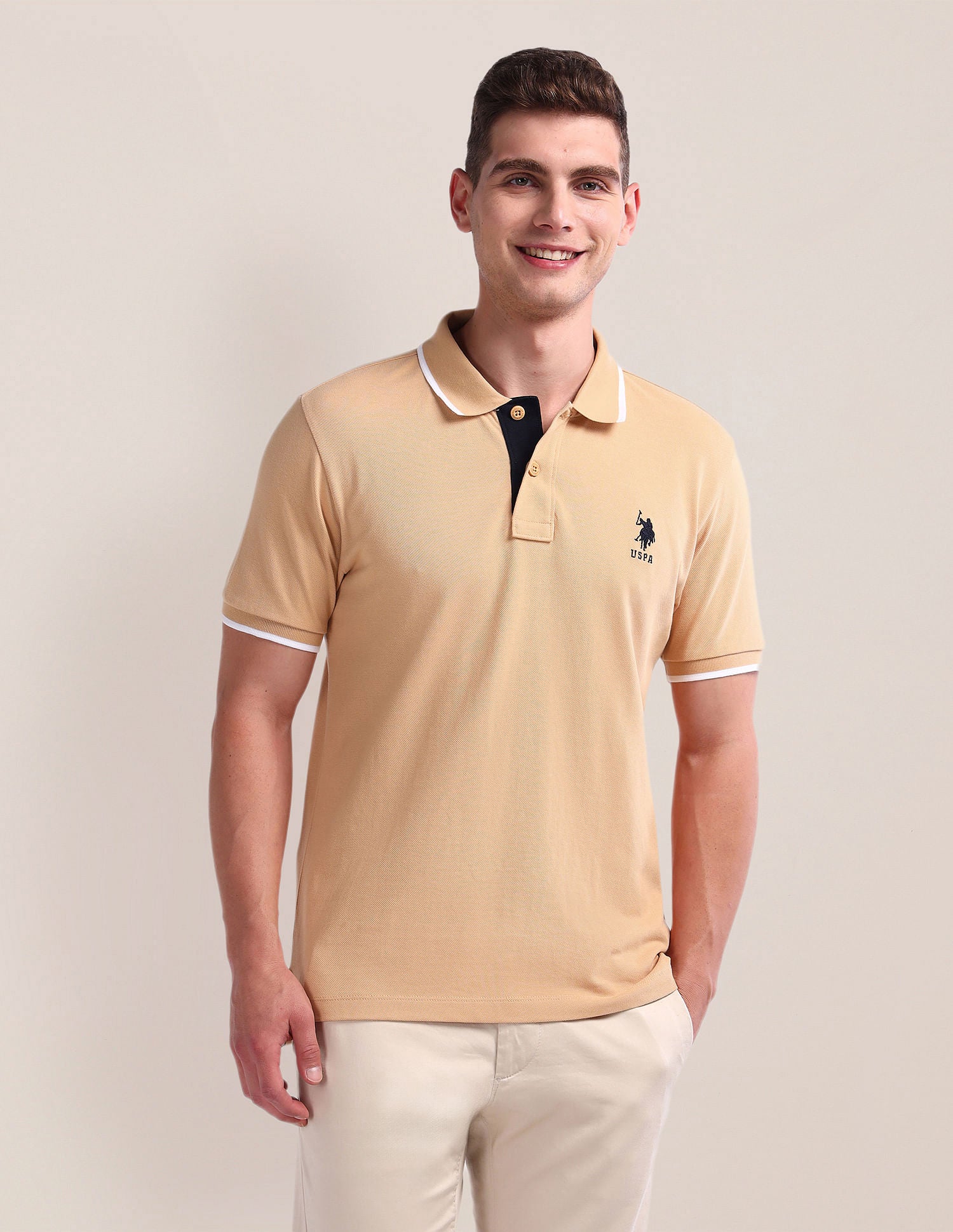 Tipped Slim Cotton Polo Shirt Beige - U.S. Polo Assn. India | Large