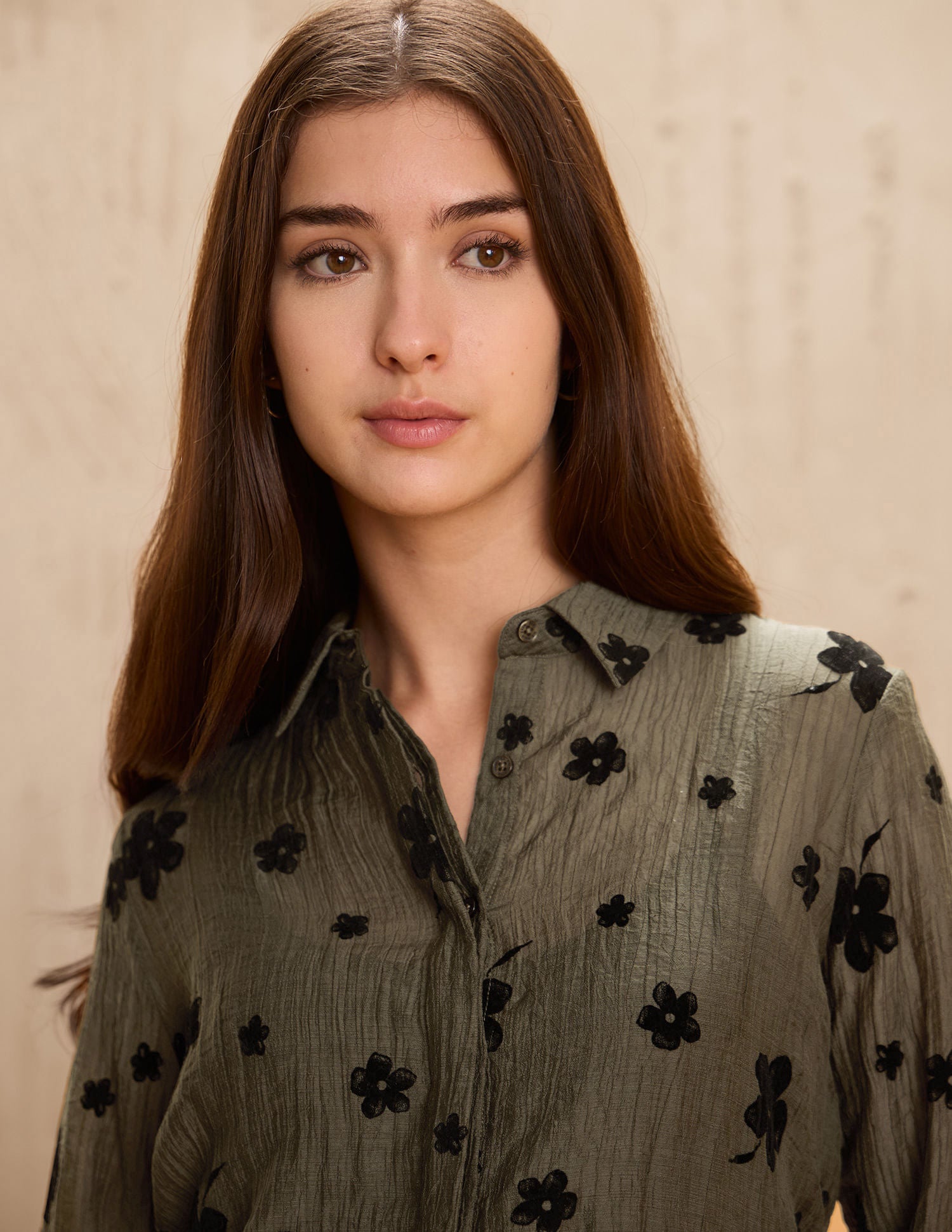 Semi-Sheer Floral Flock Shirt Brown - U.S. POLO ASSN. | Large