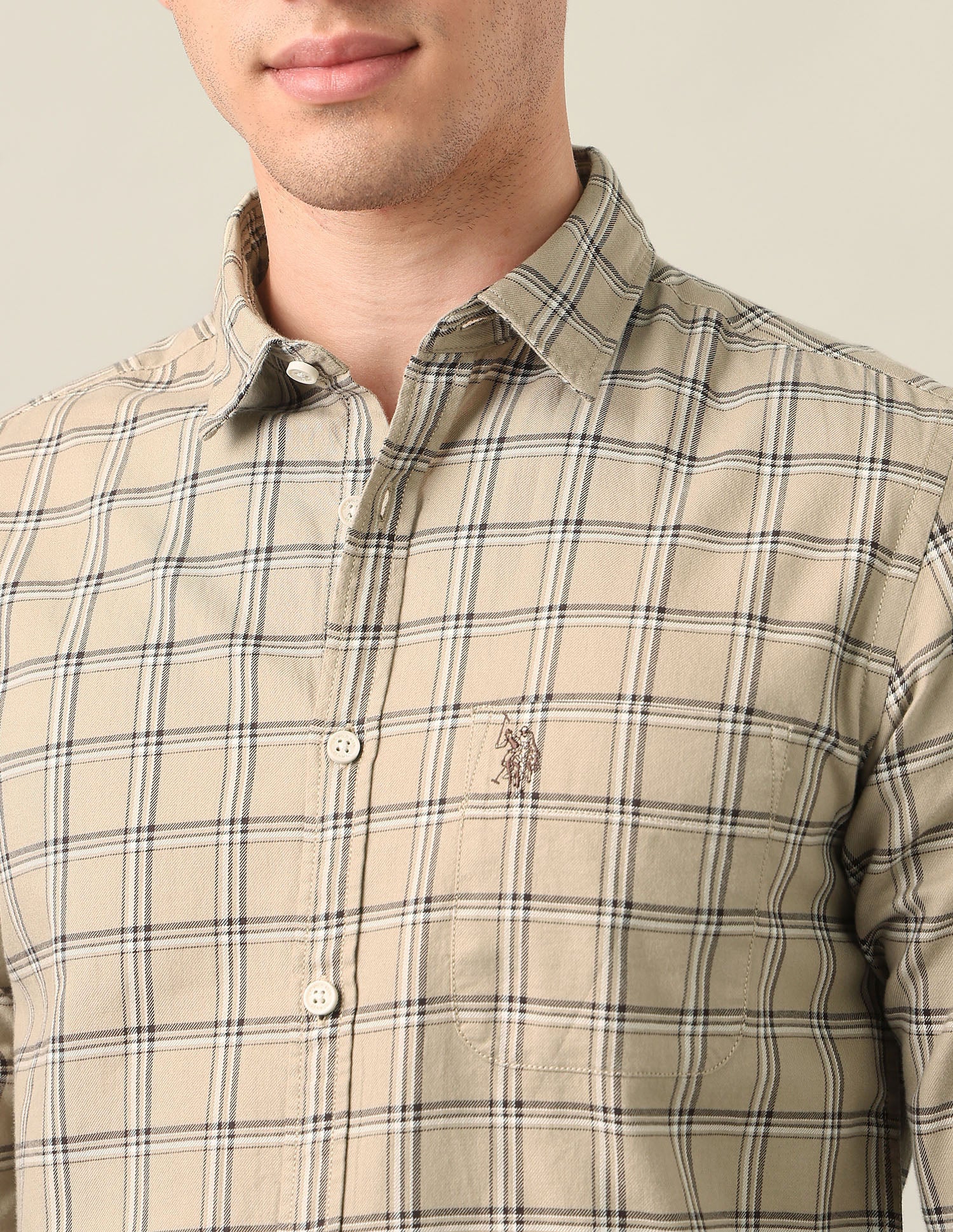Grid Tattersall Checked Twill Shirt Beige - U.S. Polo Assn. India | Large