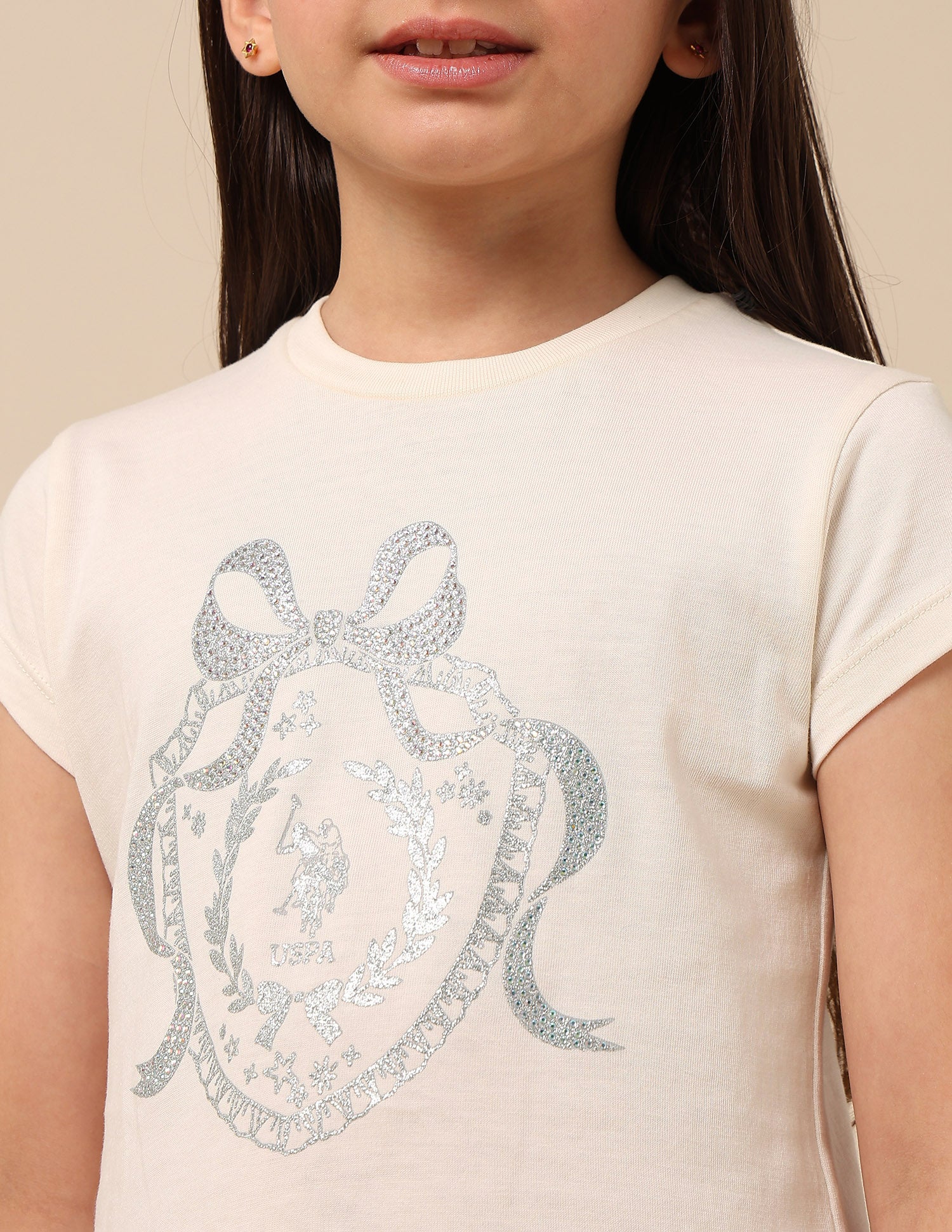 Girls Embellised Metallic Brand Printed Top Off White - U.S. POLO ASSN. | Large