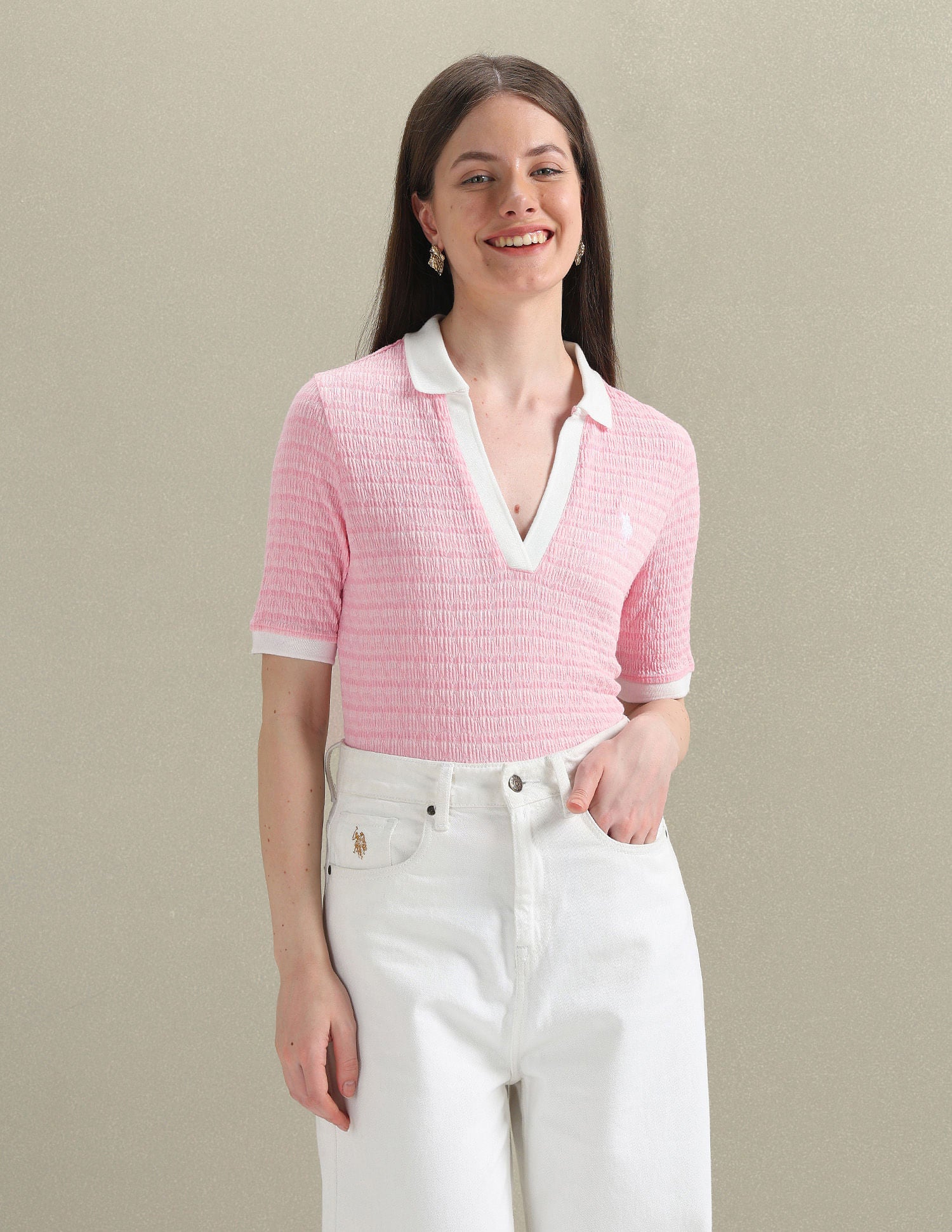 Open Placket Textured Polo Shirt Light Pink - U.S. POLO ASSN. | Large