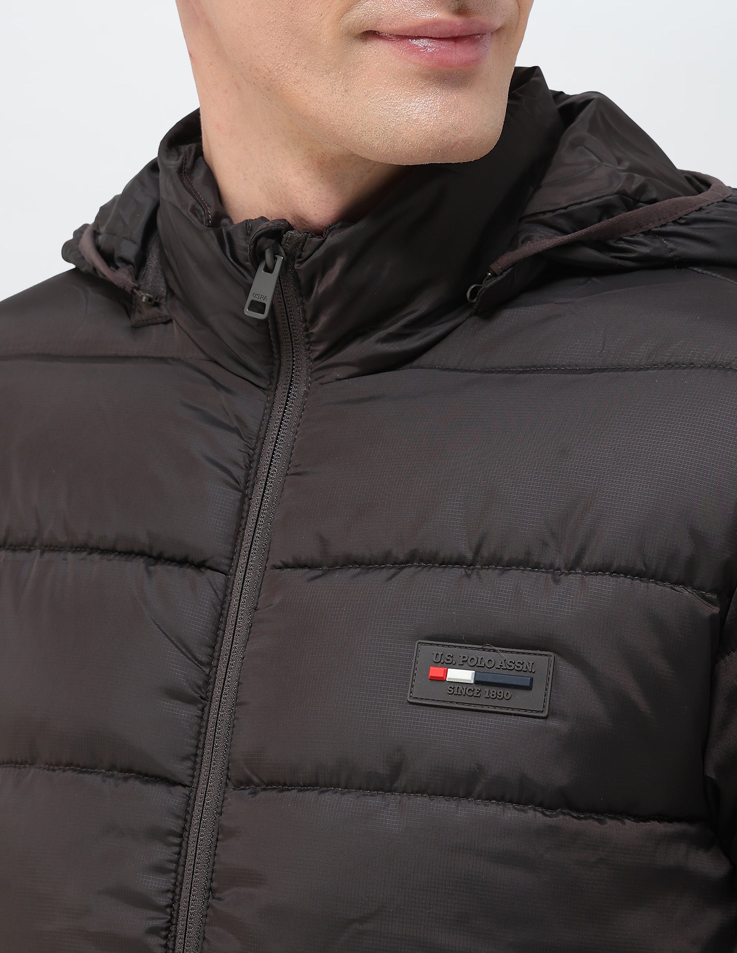 Removable Hood Solid Puffer Jacket Dark Brown - U.S. Polo Assn. India | Large