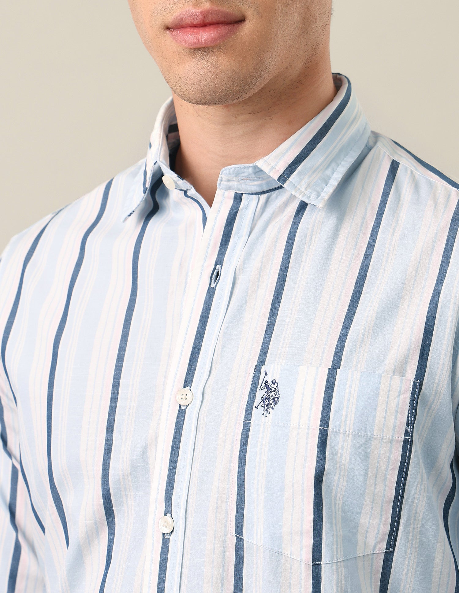 Tailored Fit Vertical Striped Shirt Light Blue - U.S. Polo Assn. India | Large