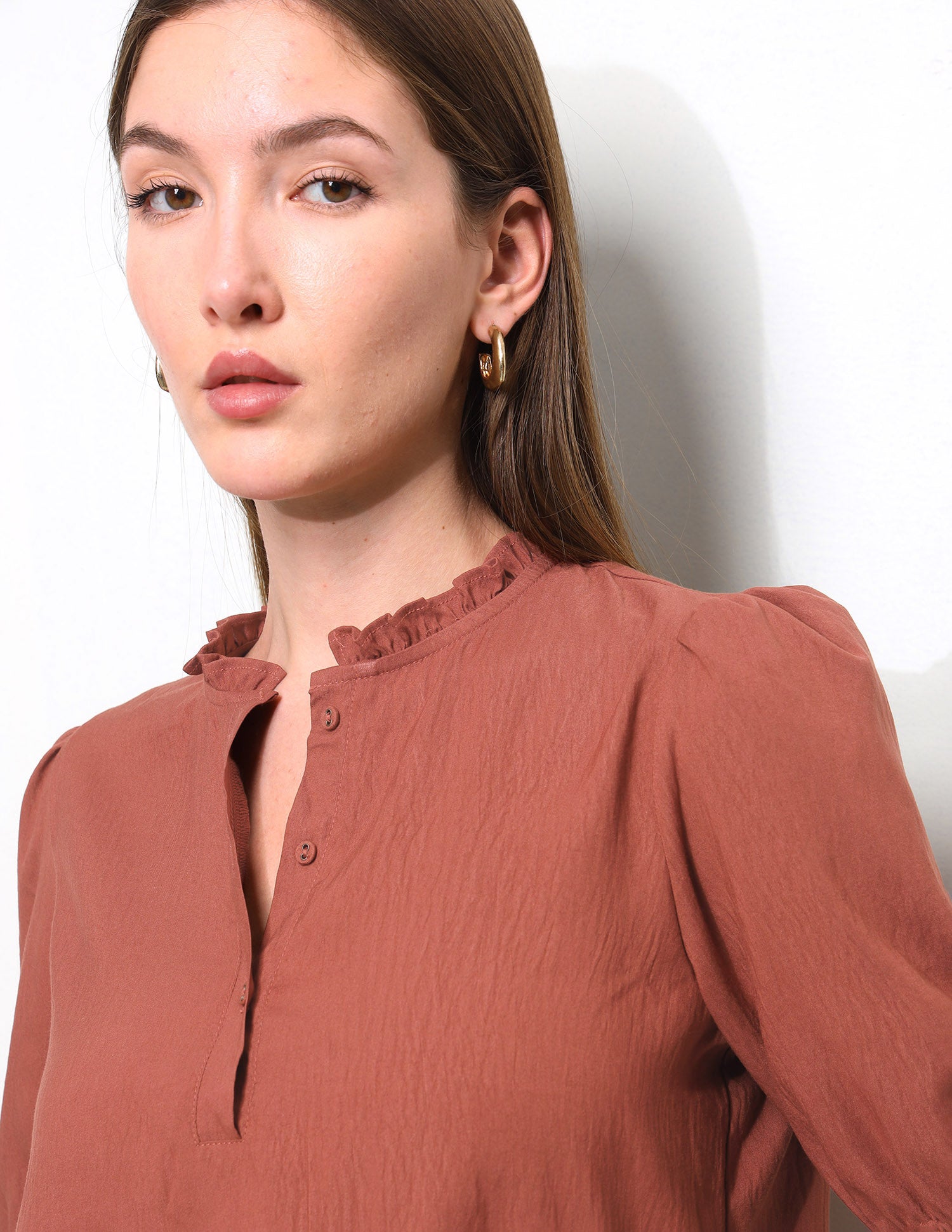 Solid Ruffle Neck Puff Sleeve Top Brown - U.S. Polo Assn. India | Large