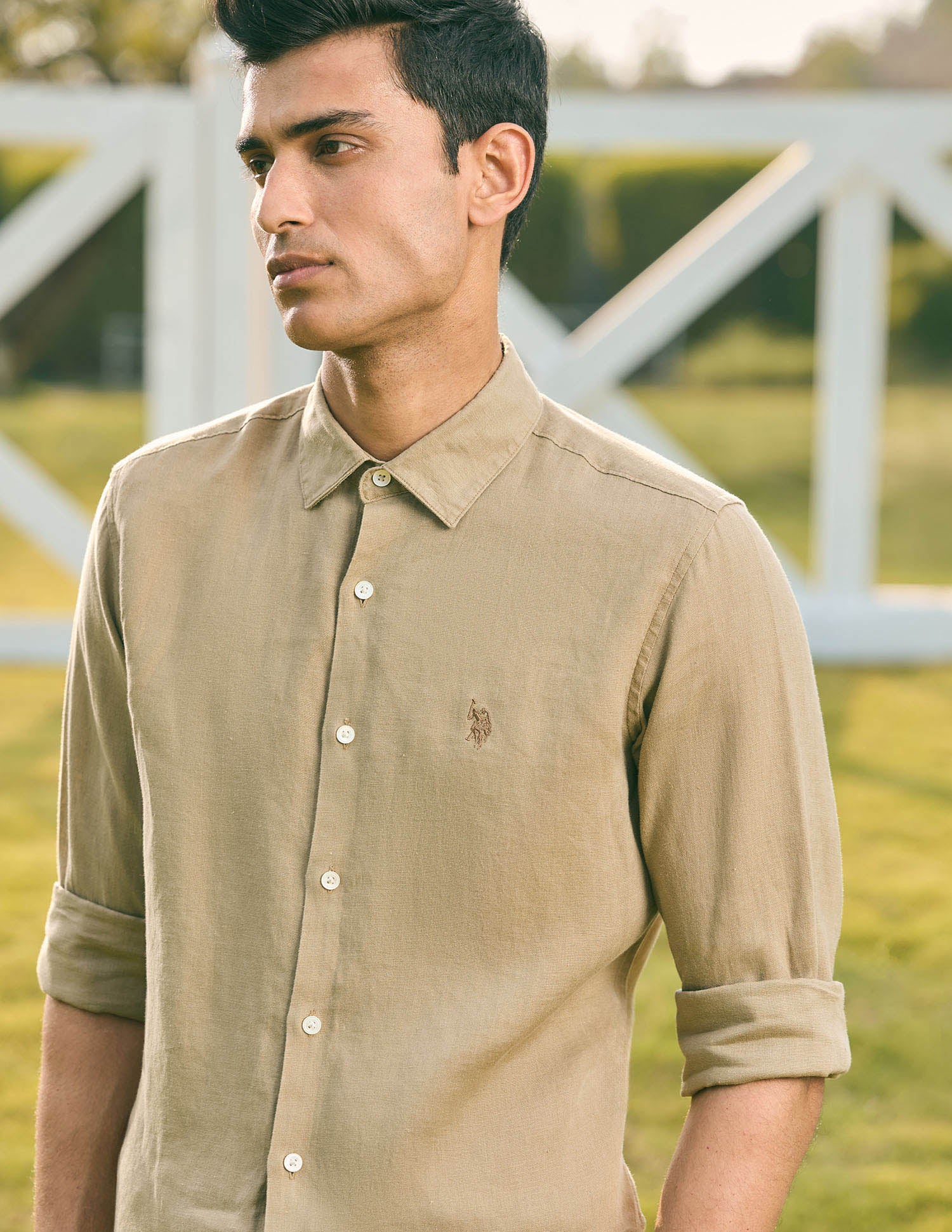 Pacho X Tailored Fit Pure Linen Shirt Khaki - U.S. POLO ASSN. | Large