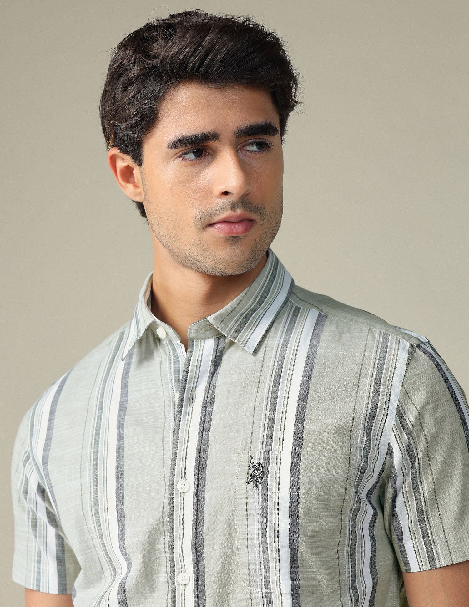 Vertical Striped Pure Cotton Shirt Green - U.S. POLO ASSN. | Large