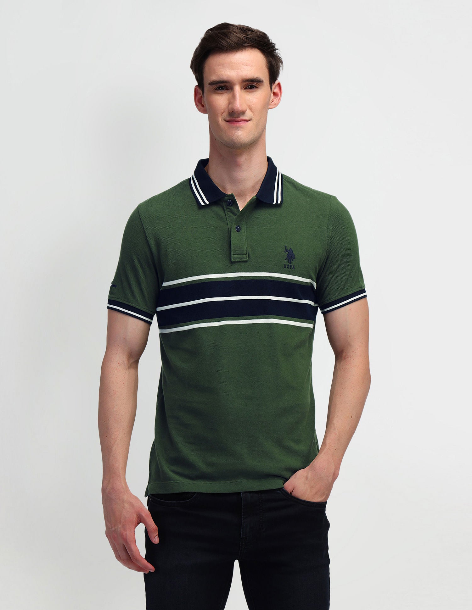 Horizontal Striped Slim Fit Polo Shirt Olive - U.S. Polo Assn. India | Large
