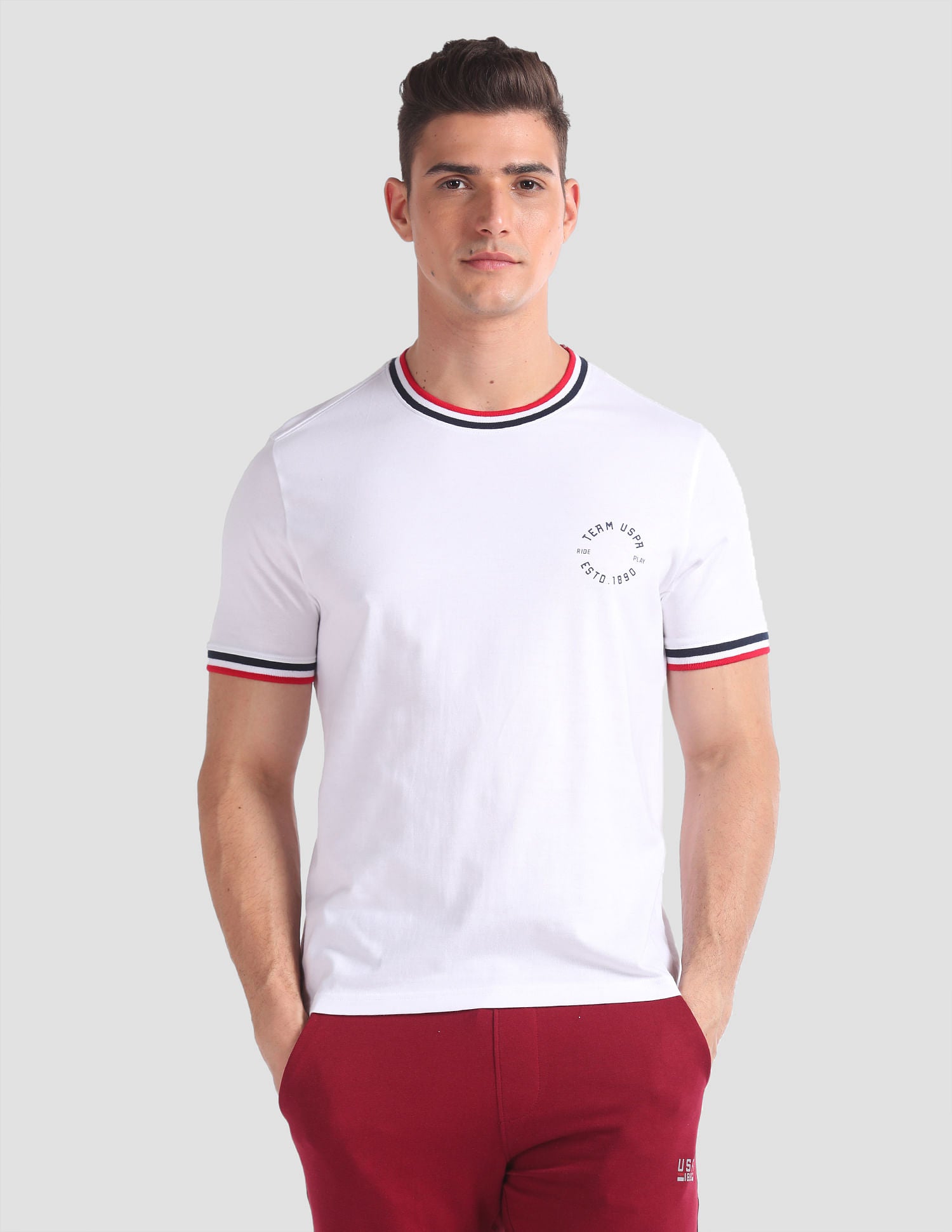 Striped Neck Cotton OEE01 Lounge T-Shirt - Pack Of 2 White and Navy - U.S. POLO ASSN. | Large