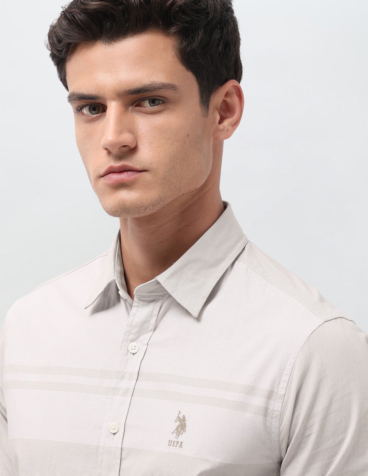 Solid With Stripe Detail Regular Fit Shirt Beige - U.S. Polo Assn. India | Large