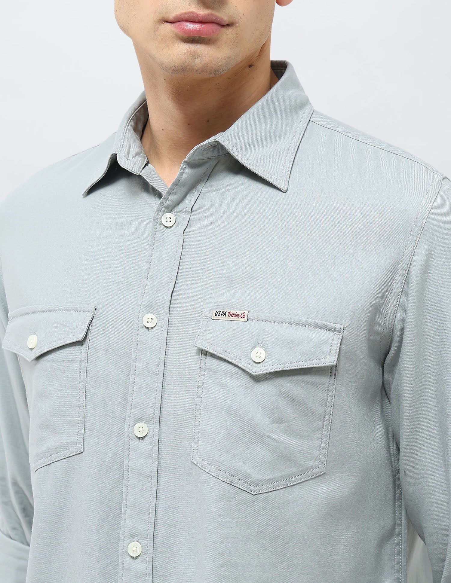 Solid Regular Fit Twill Shirt Light Grey - U.S. POLO ASSN. | Large