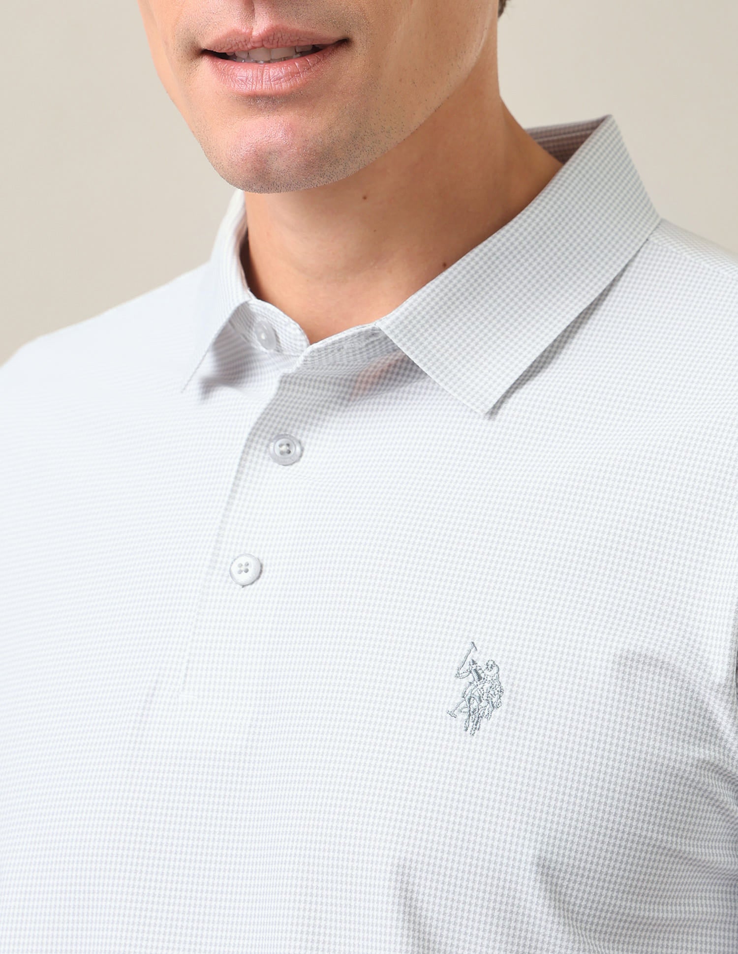 Houndstooth Checked Slim Fit Polo Shirt Light Grey - U.S. Polo Assn. India | Large