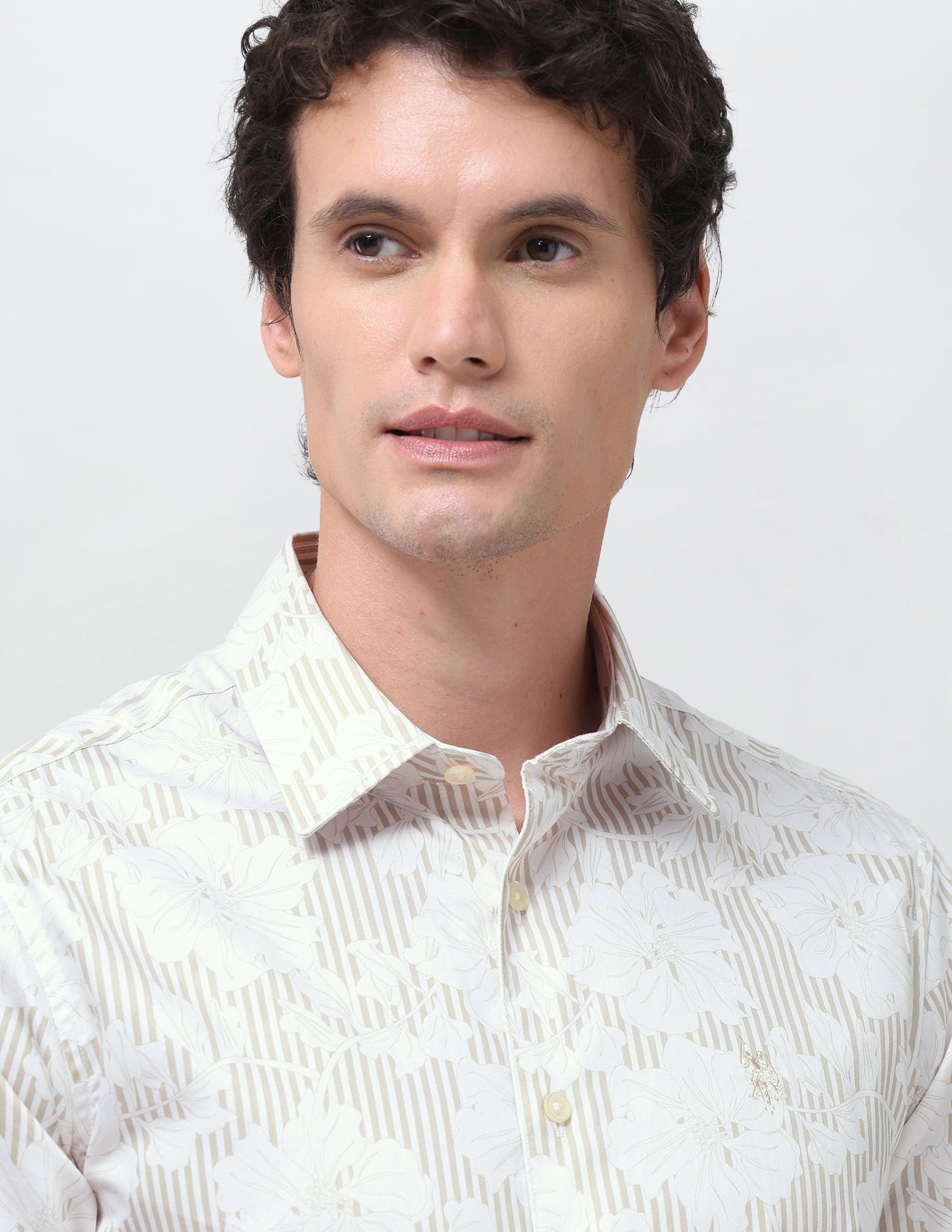Vertical Striped With Floral Printed Satin Shirt Beige - U.S. Polo Assn. India | Large
